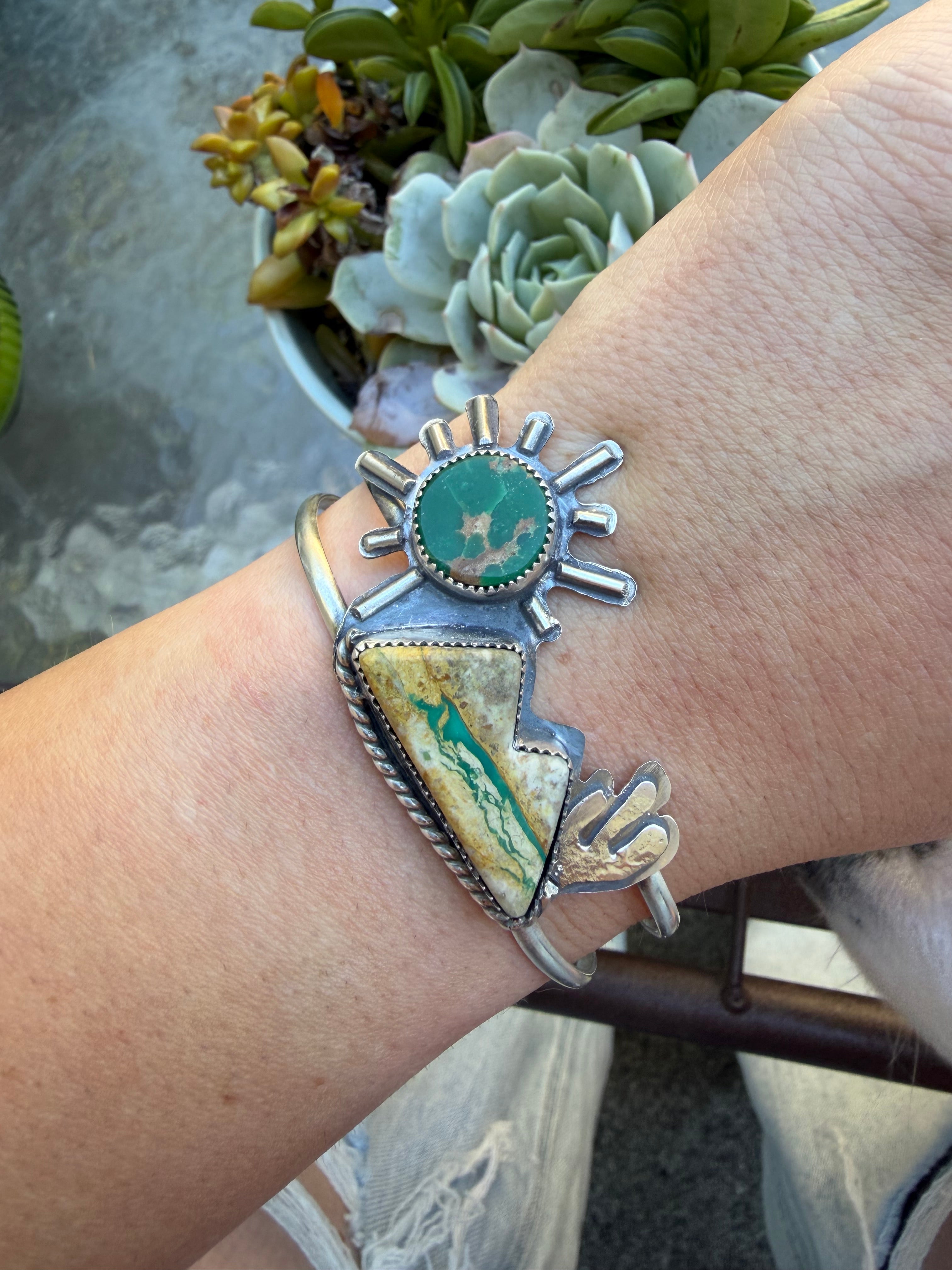 Emerald mountain and valley view ribbon turquoise green mountain scene cuff bracelet