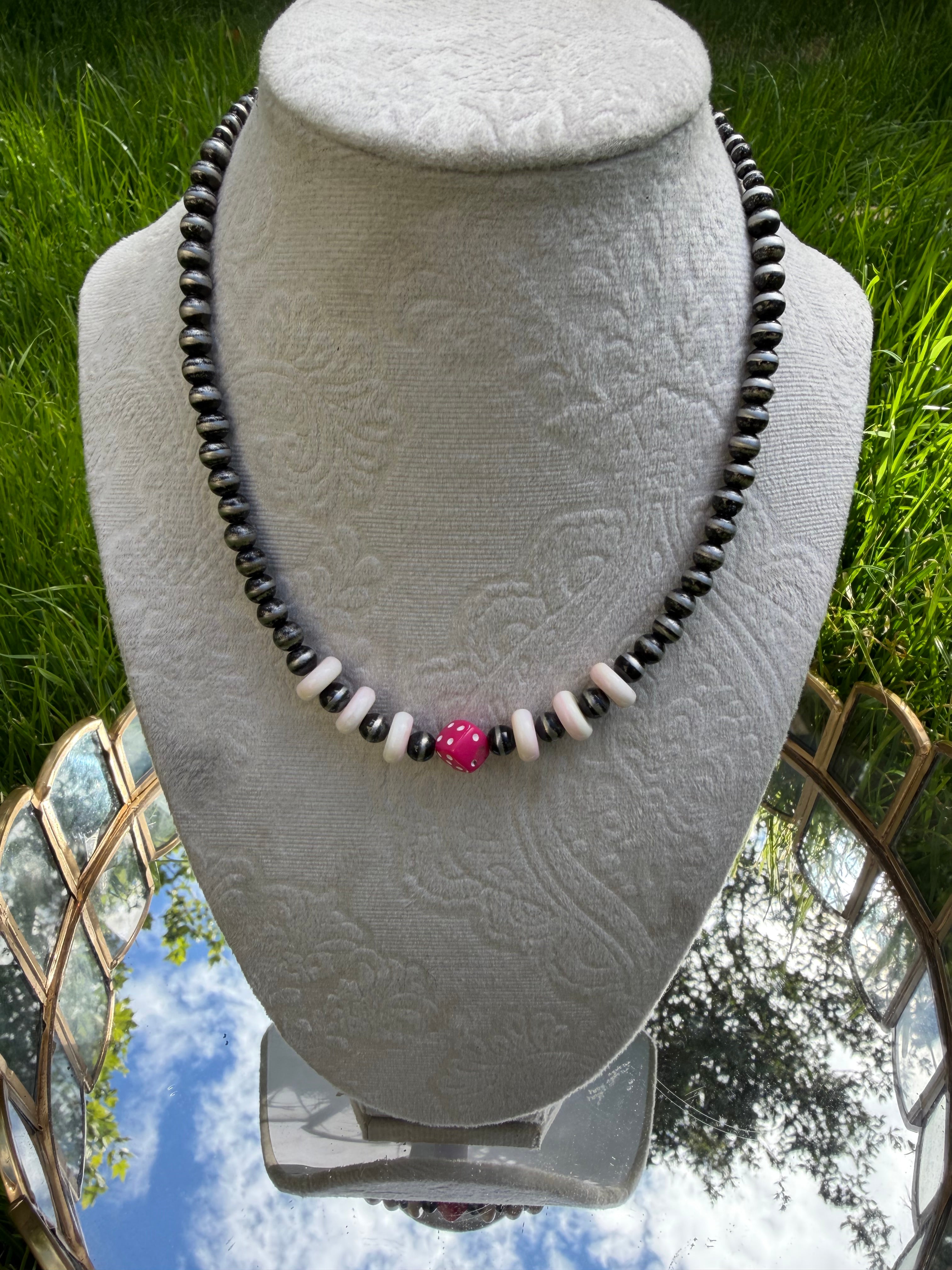 pink conch dice beaded necklace 16"