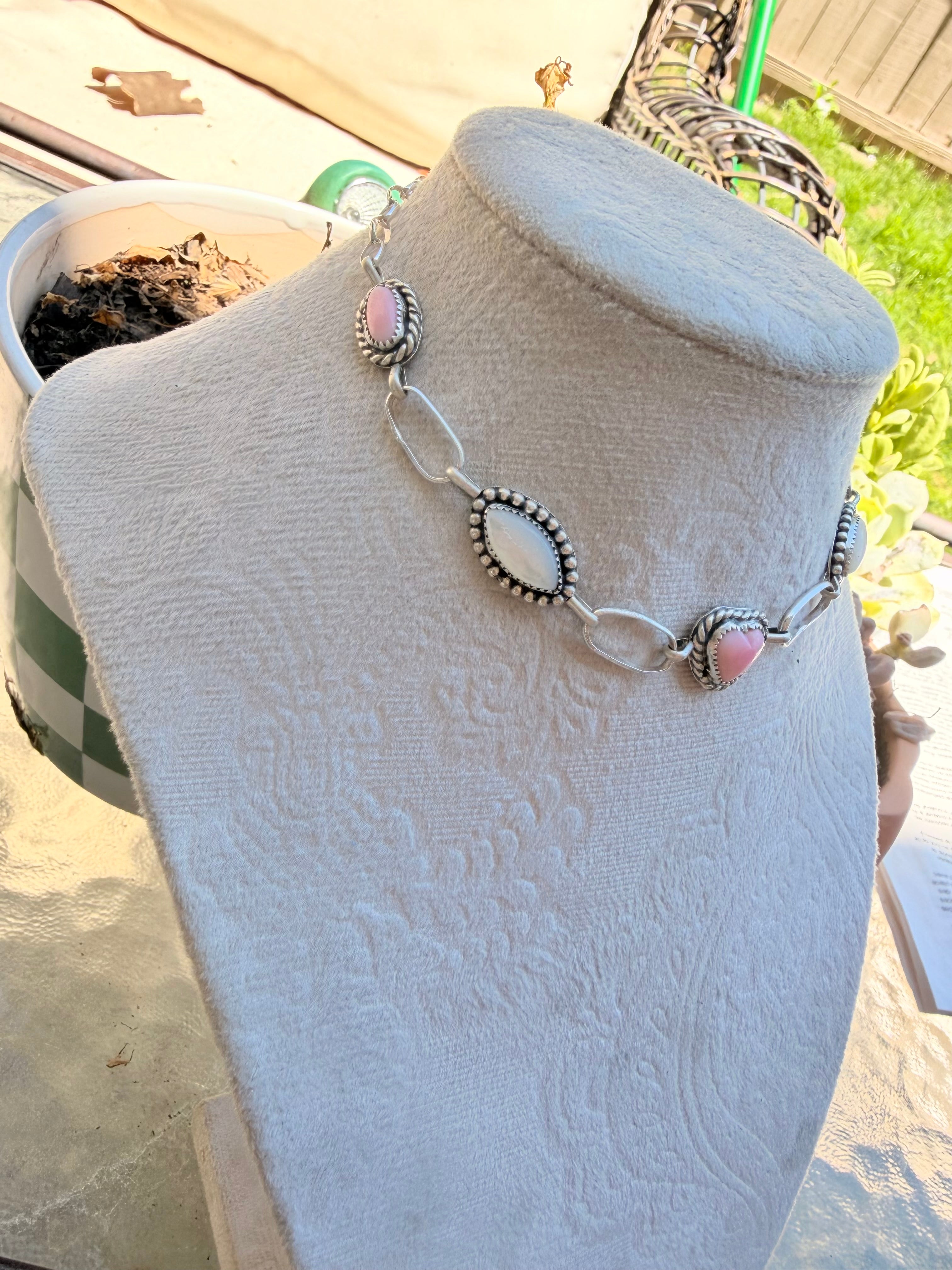 Pink conch and mother of pearl choker