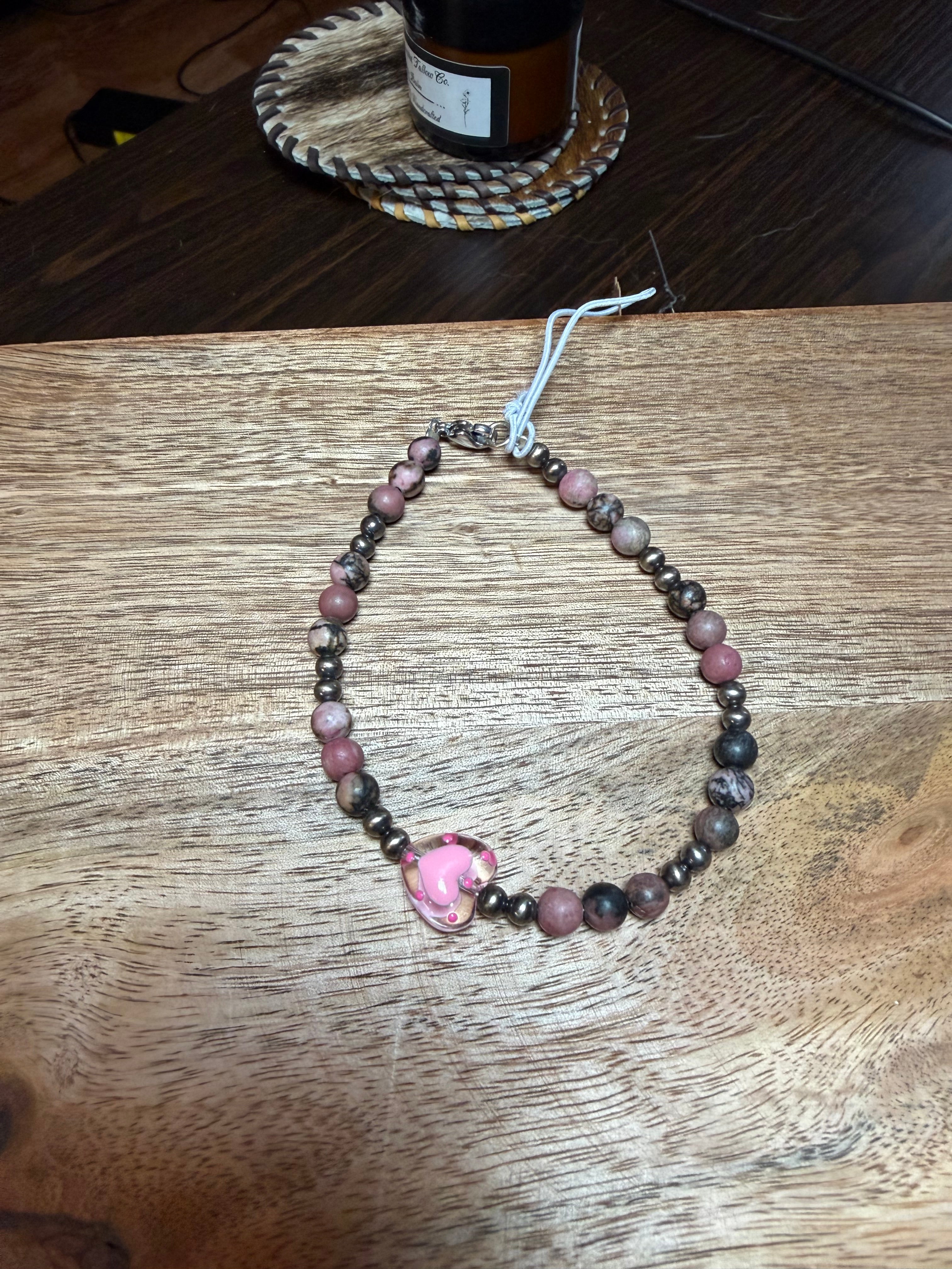 Pink rhodonite sterling silver bracelet