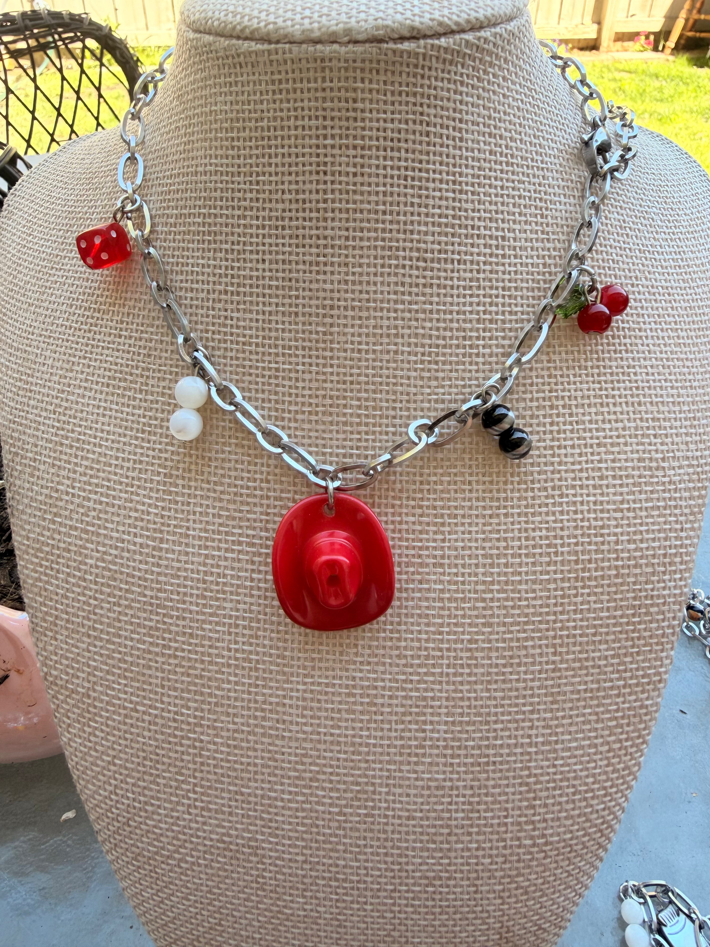 Red cowboy hat charm necklace