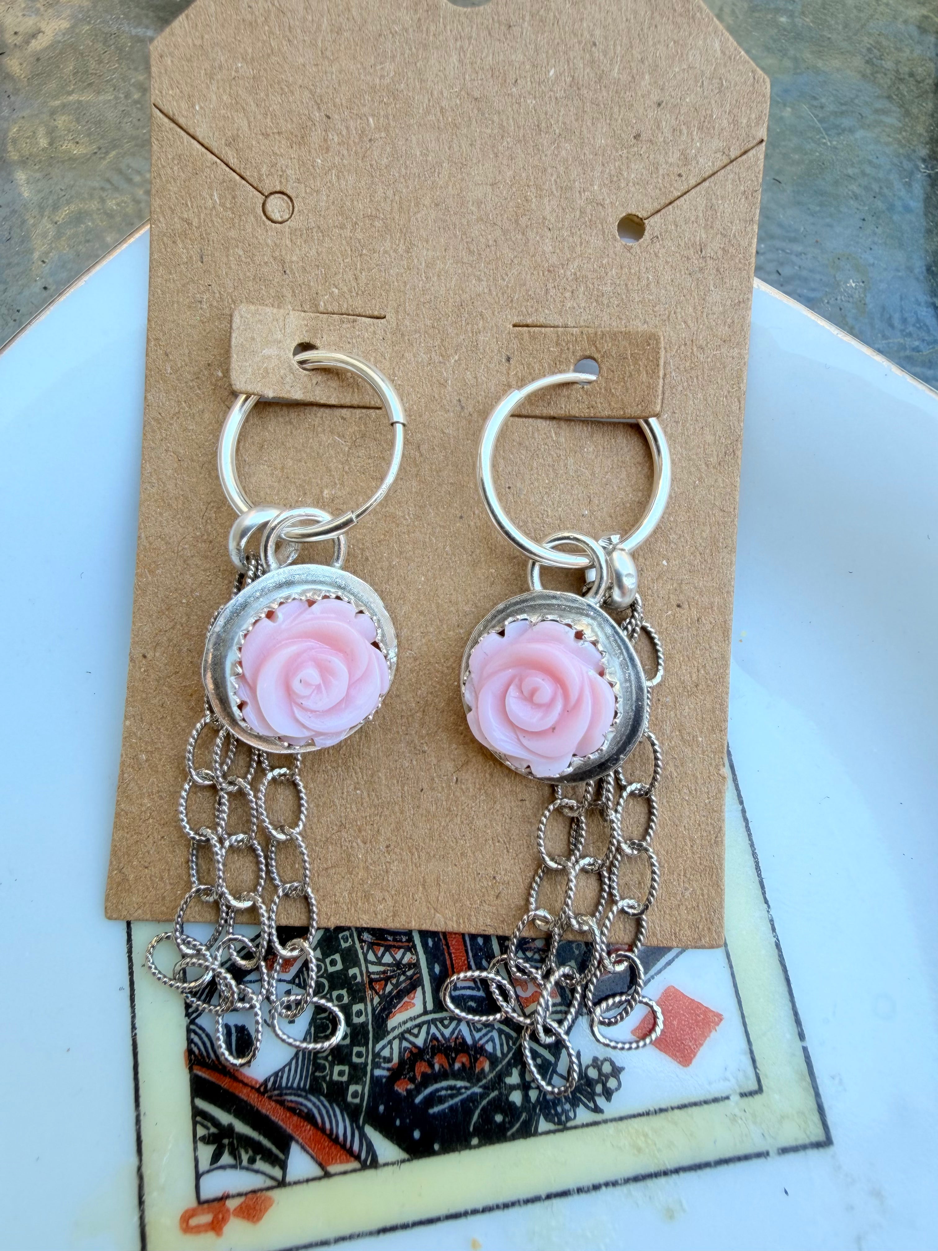 Pink conch rose huggie earrings