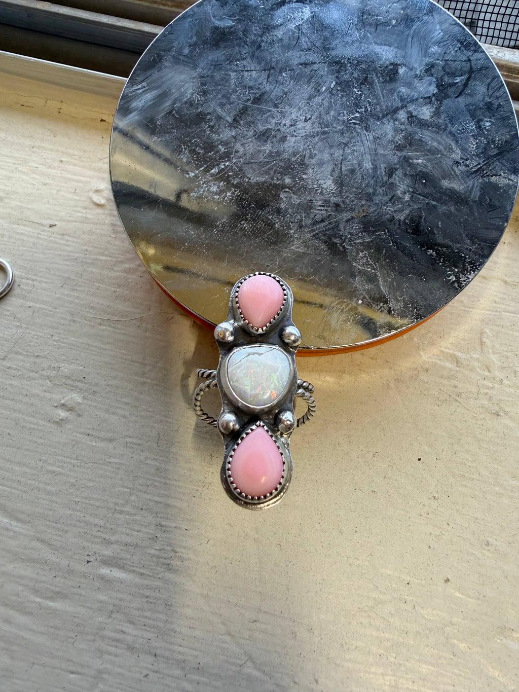 Opal and pink conch ring