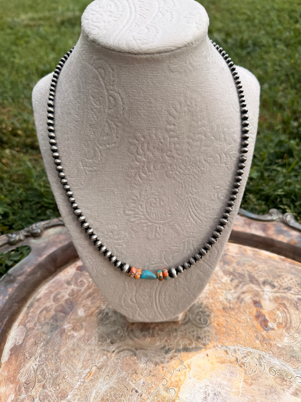 turquoise and spiny oyster stainless steel graduated beaded necklace