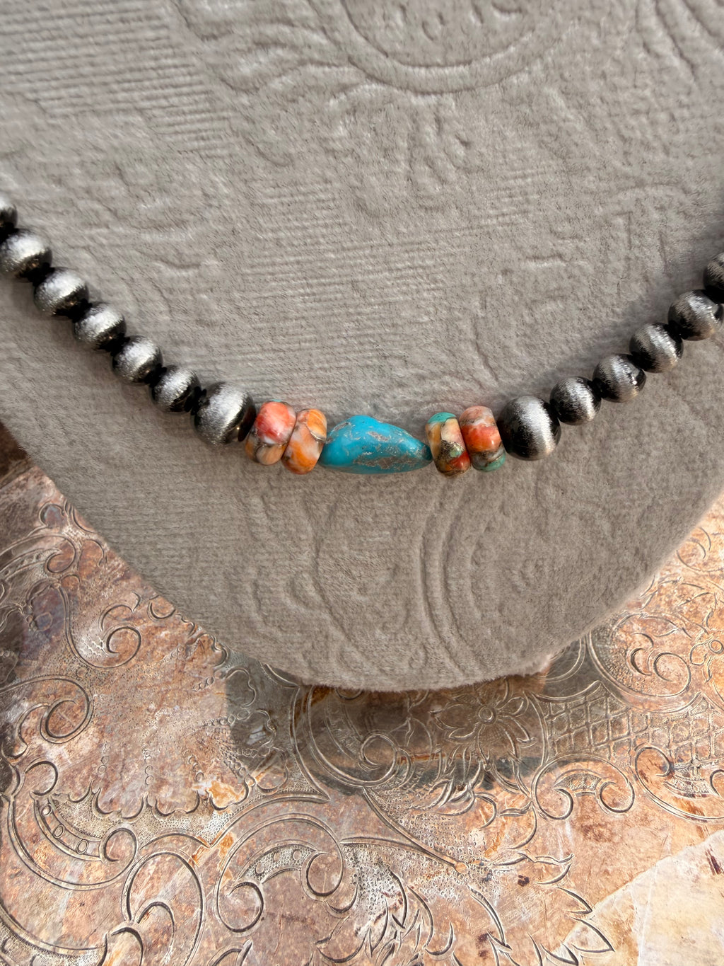 stainless steel, spiny oyster and turquoise graduated beaded necklace