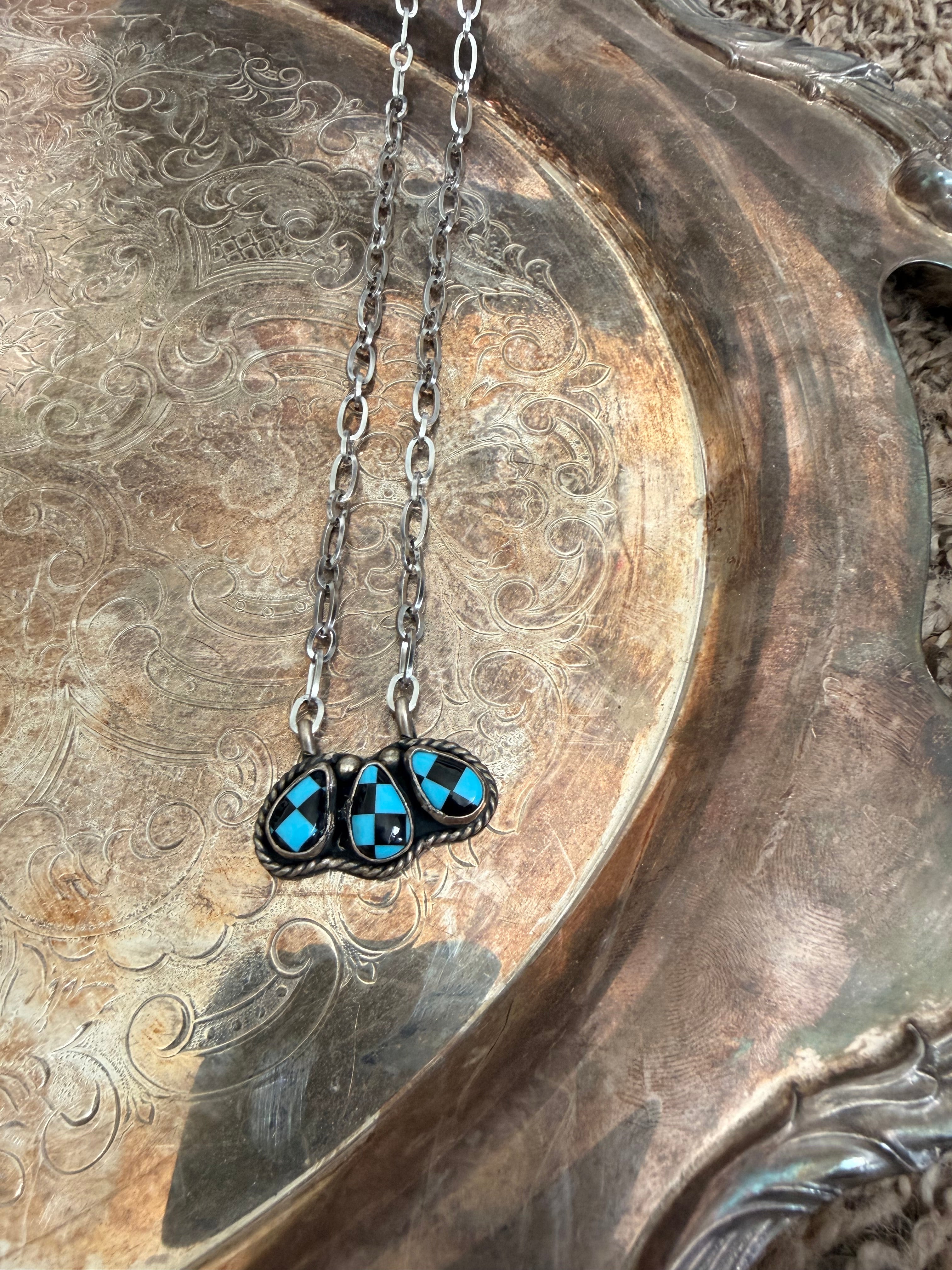 blue checkered pendant necklace