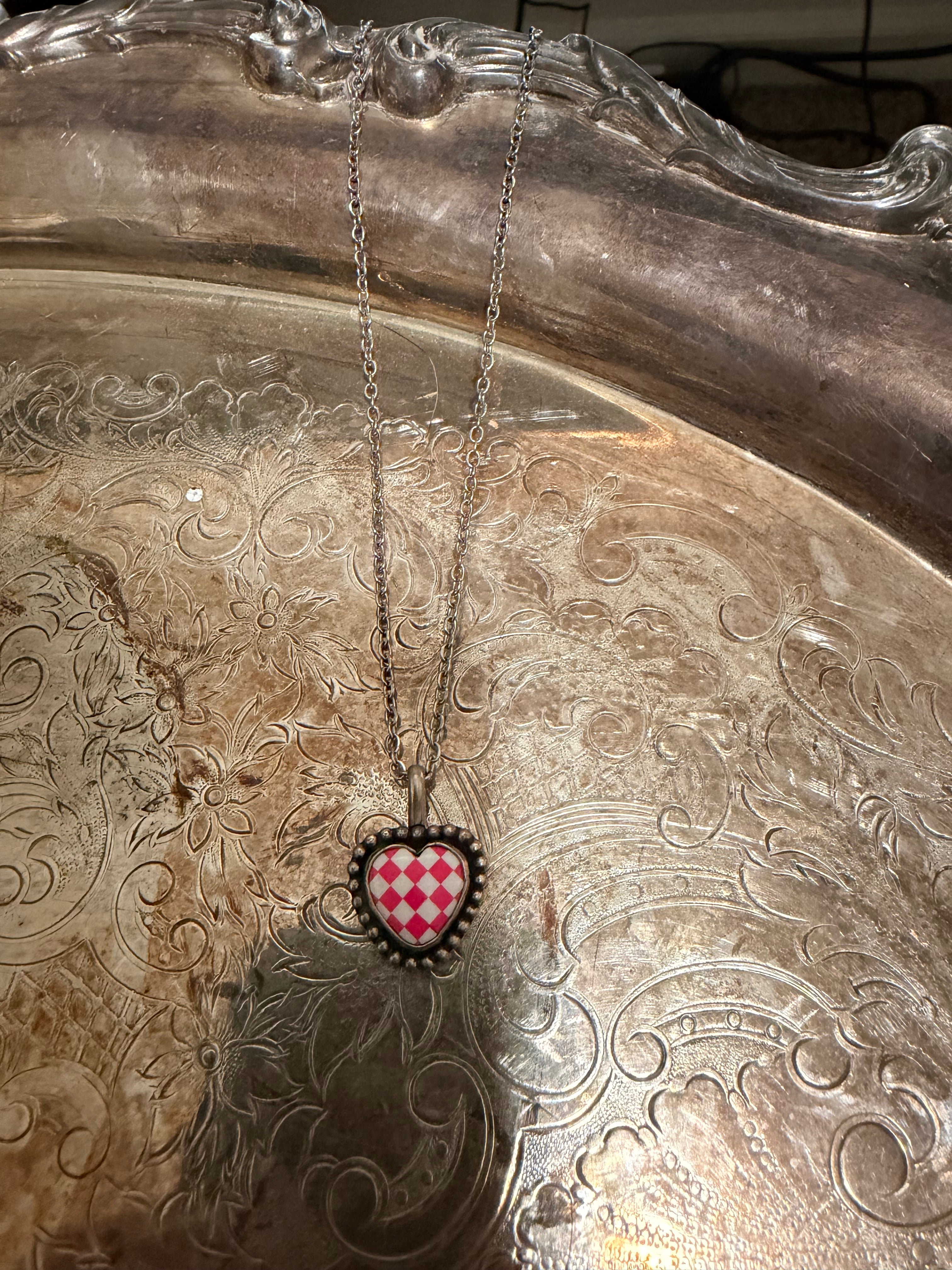 pink checkered heart necklace
