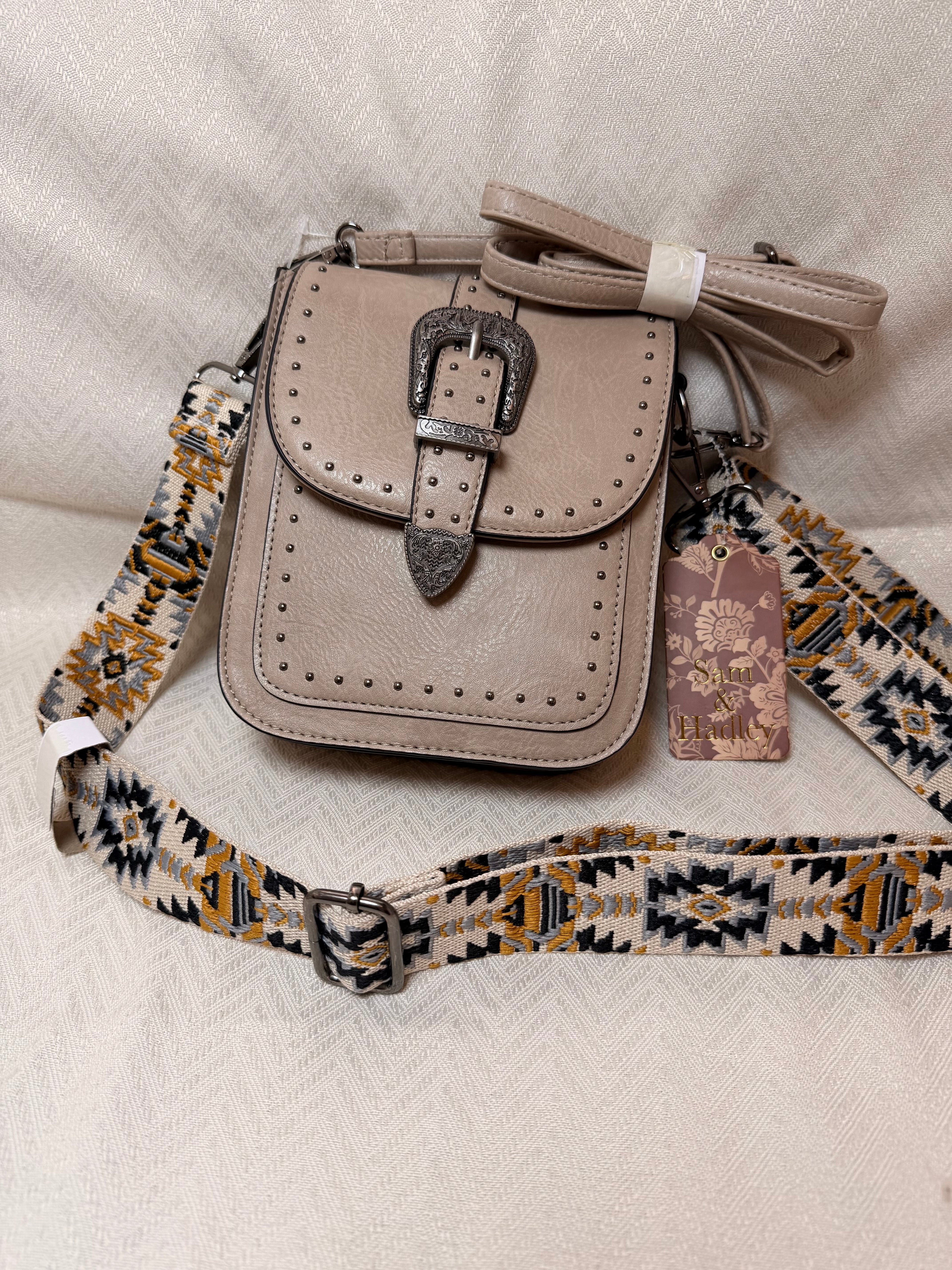 Cream belt buckle crossbody purse
