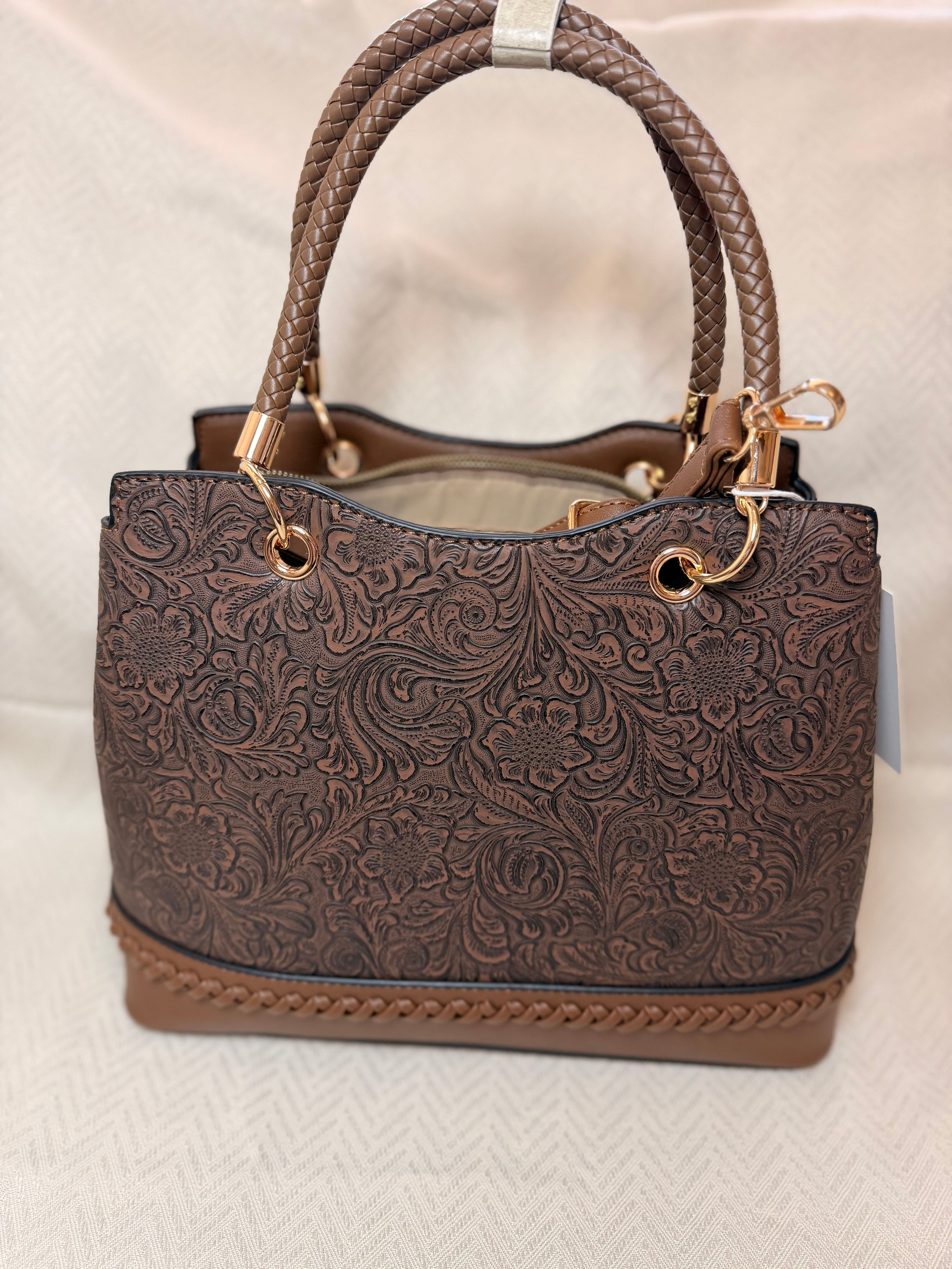 brown tooled leather hand bag crossbody