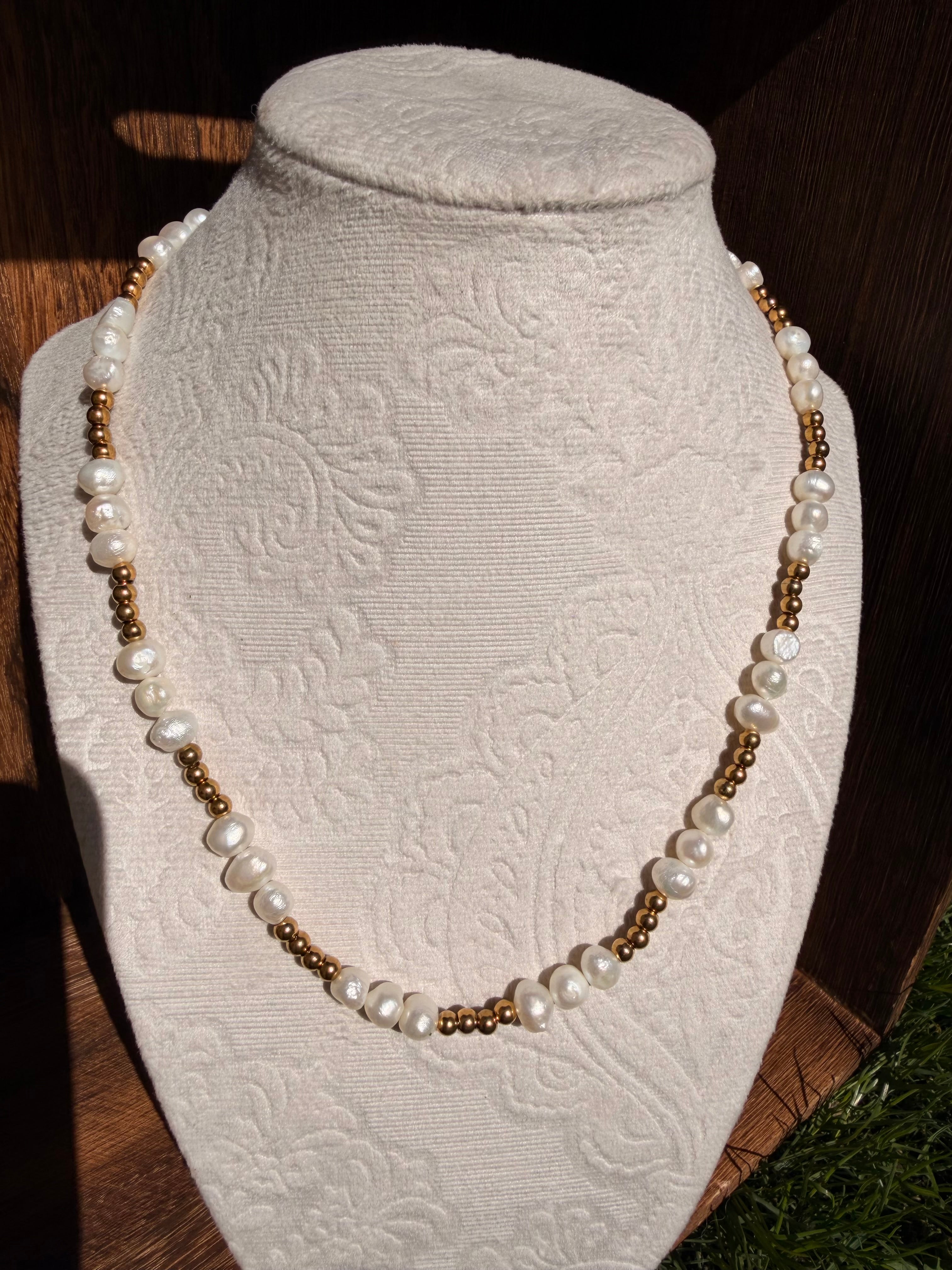 fresh pear and gold stainless bead necklace