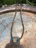 turquoise and spiny oyster with checkered beaded necklace