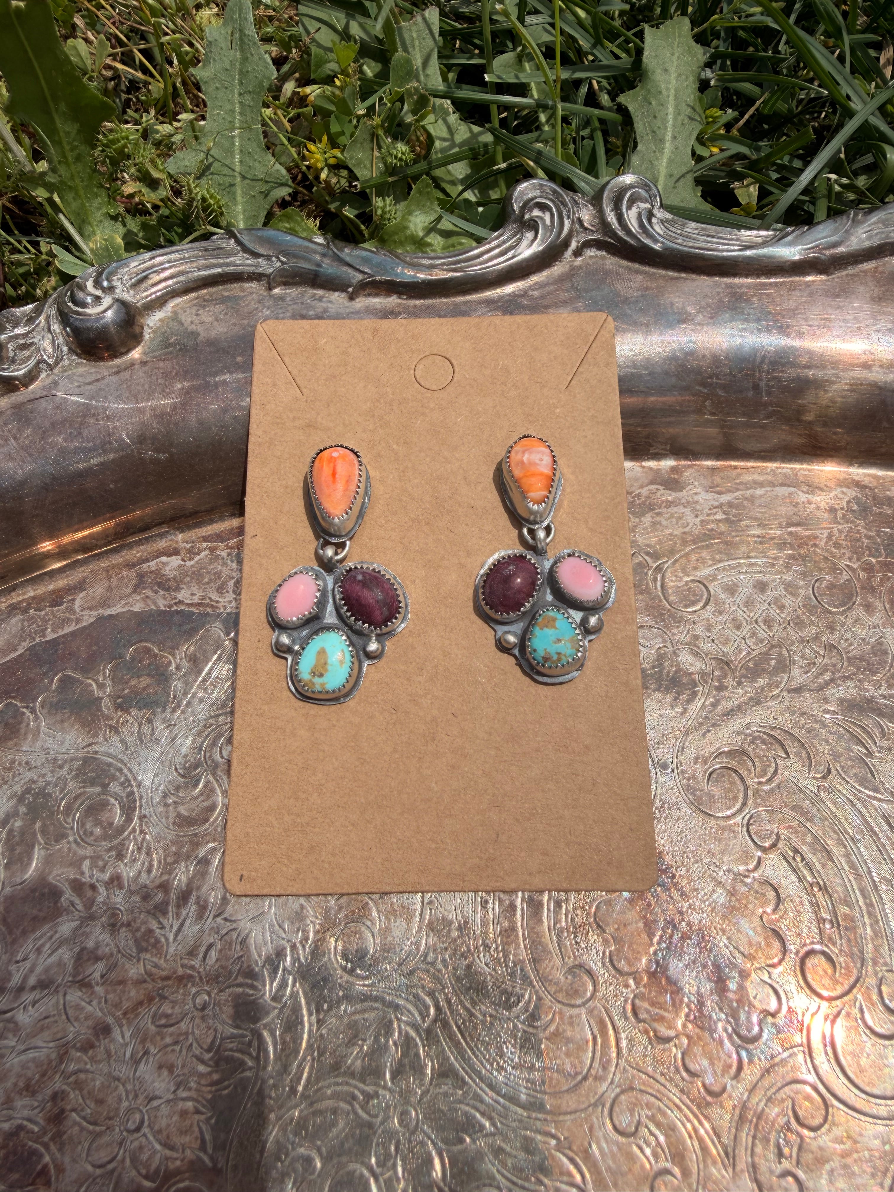 multi stone stud dangly earrings