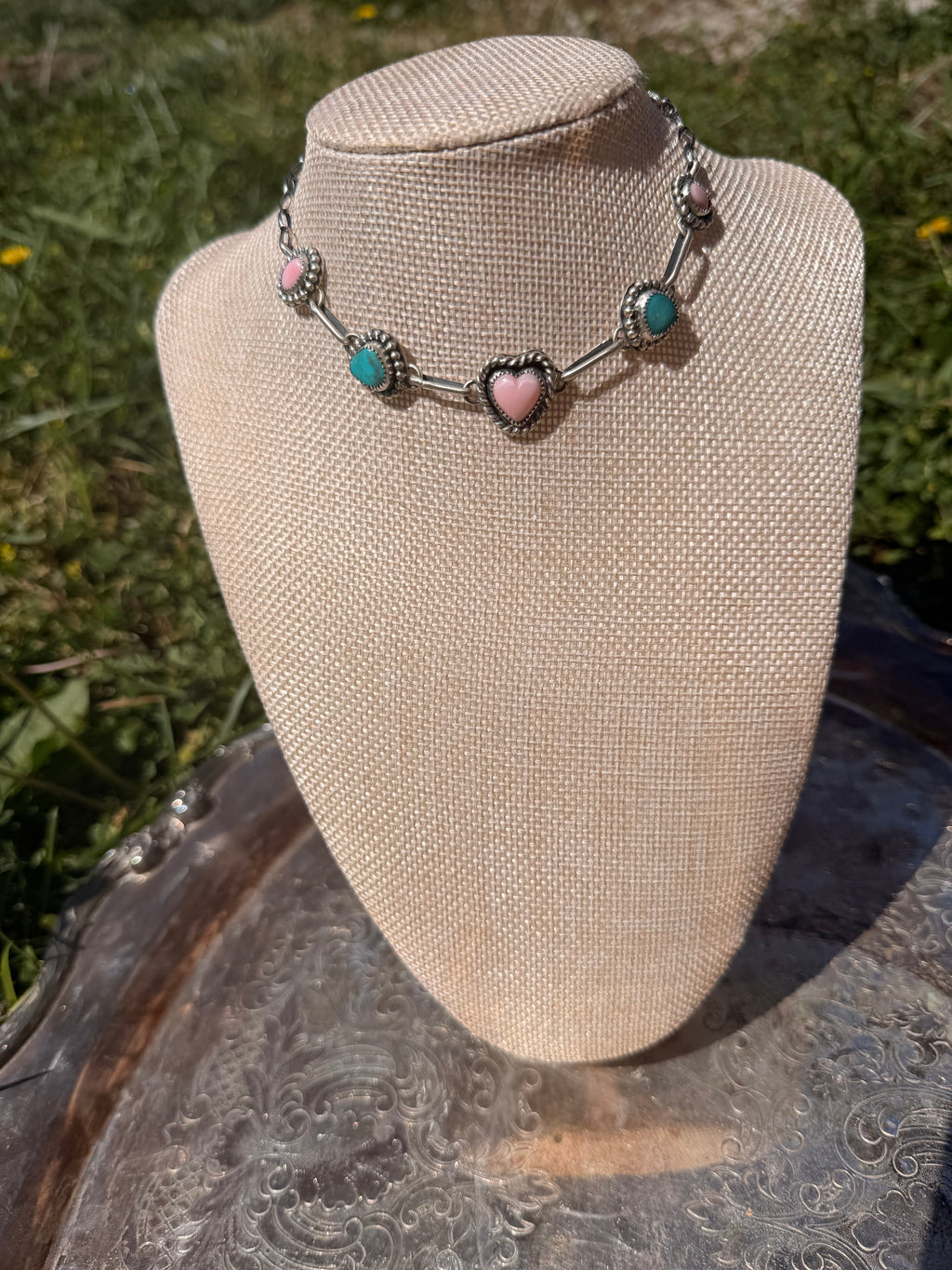pink conch and turquoise choker necklace