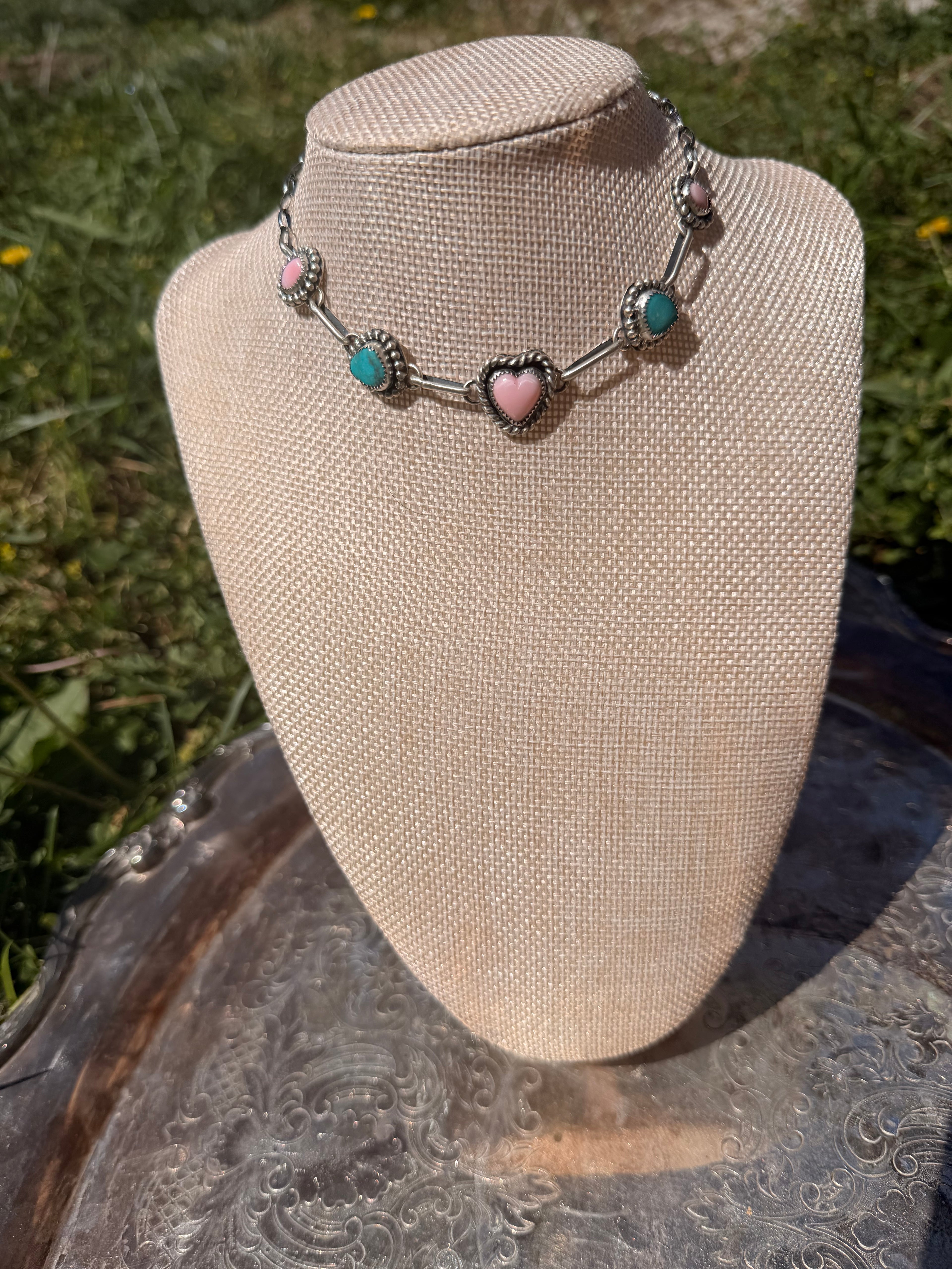 pink conch and turquoise choker necklace
