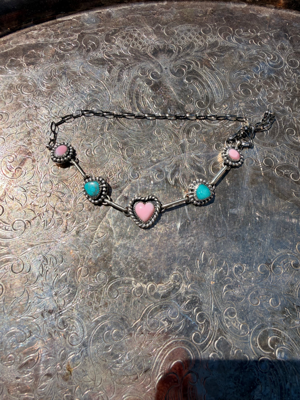 pink conch and turquoise choker necklace