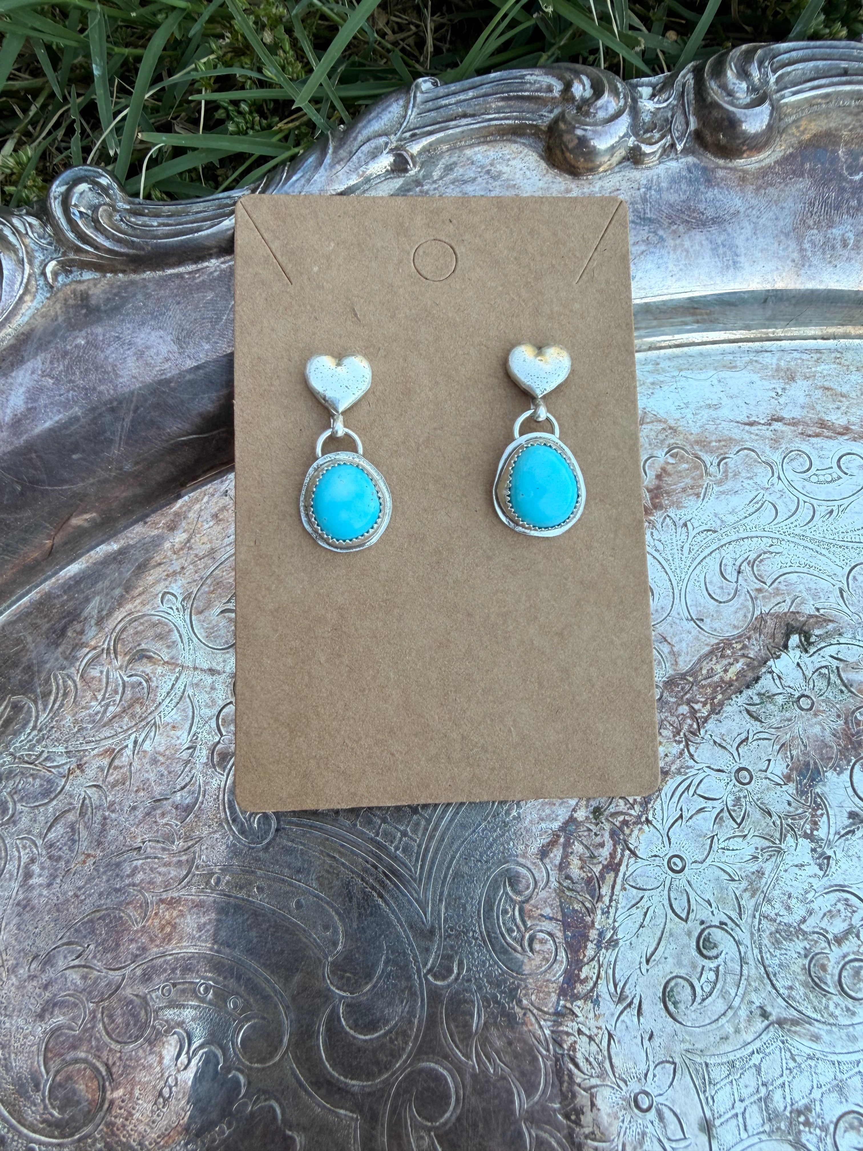 sleeping beauty turquoise heart stud dangly earrings