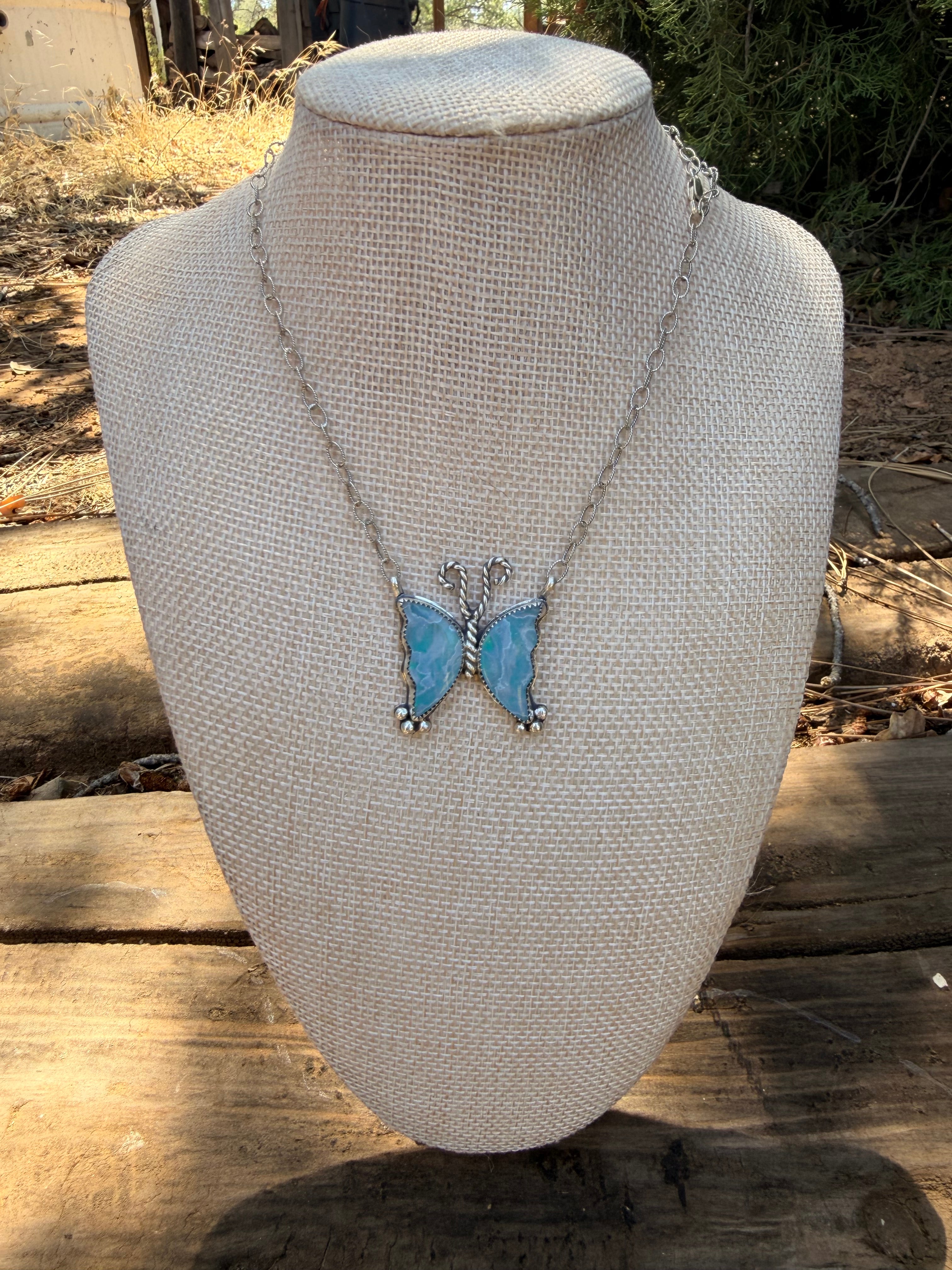 Aurora opal moss agate butterfly necklace
