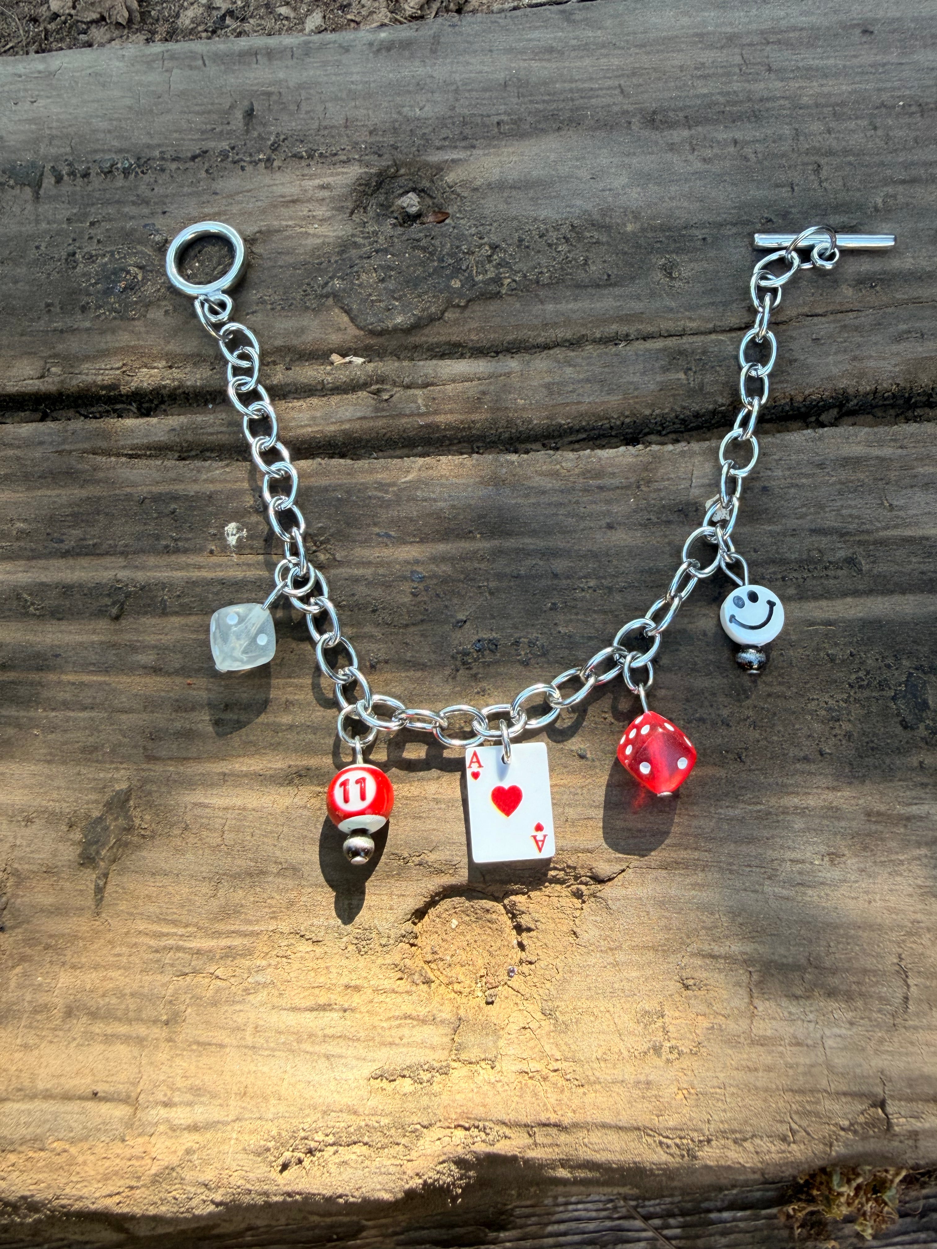 red gamblers stainless steel charm bracelet