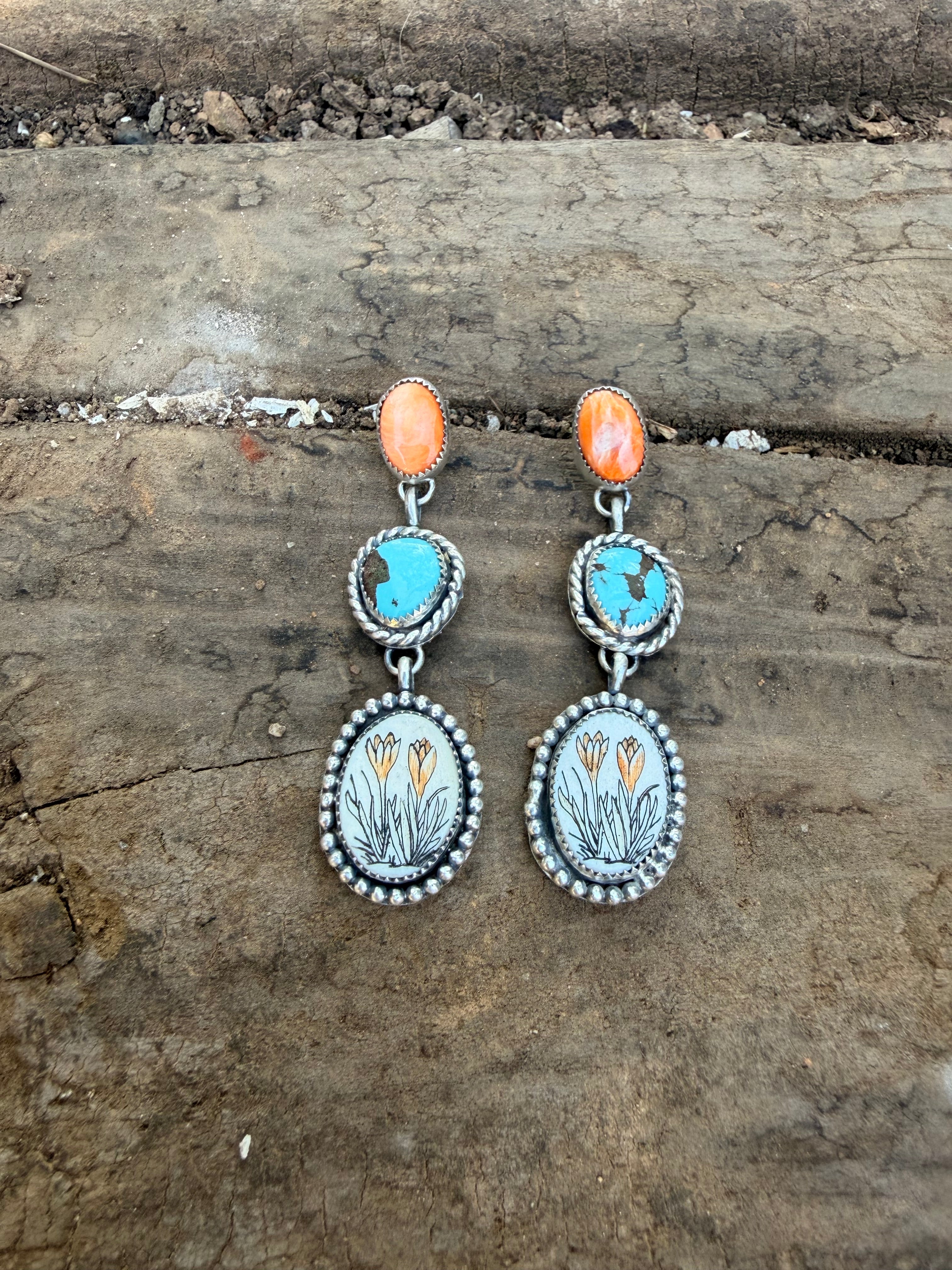 flower turquoise and spiny oyster drop earrings
