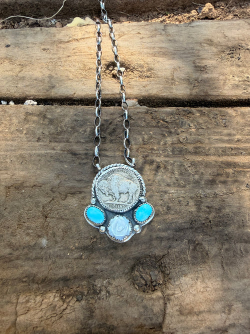Buffalo coin sleeping beauty and mother of pearl necklace