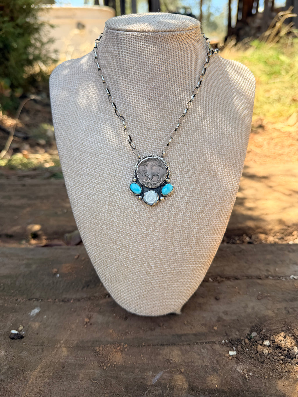 Buffalo coin sleeping beauty and mother of pearl necklace