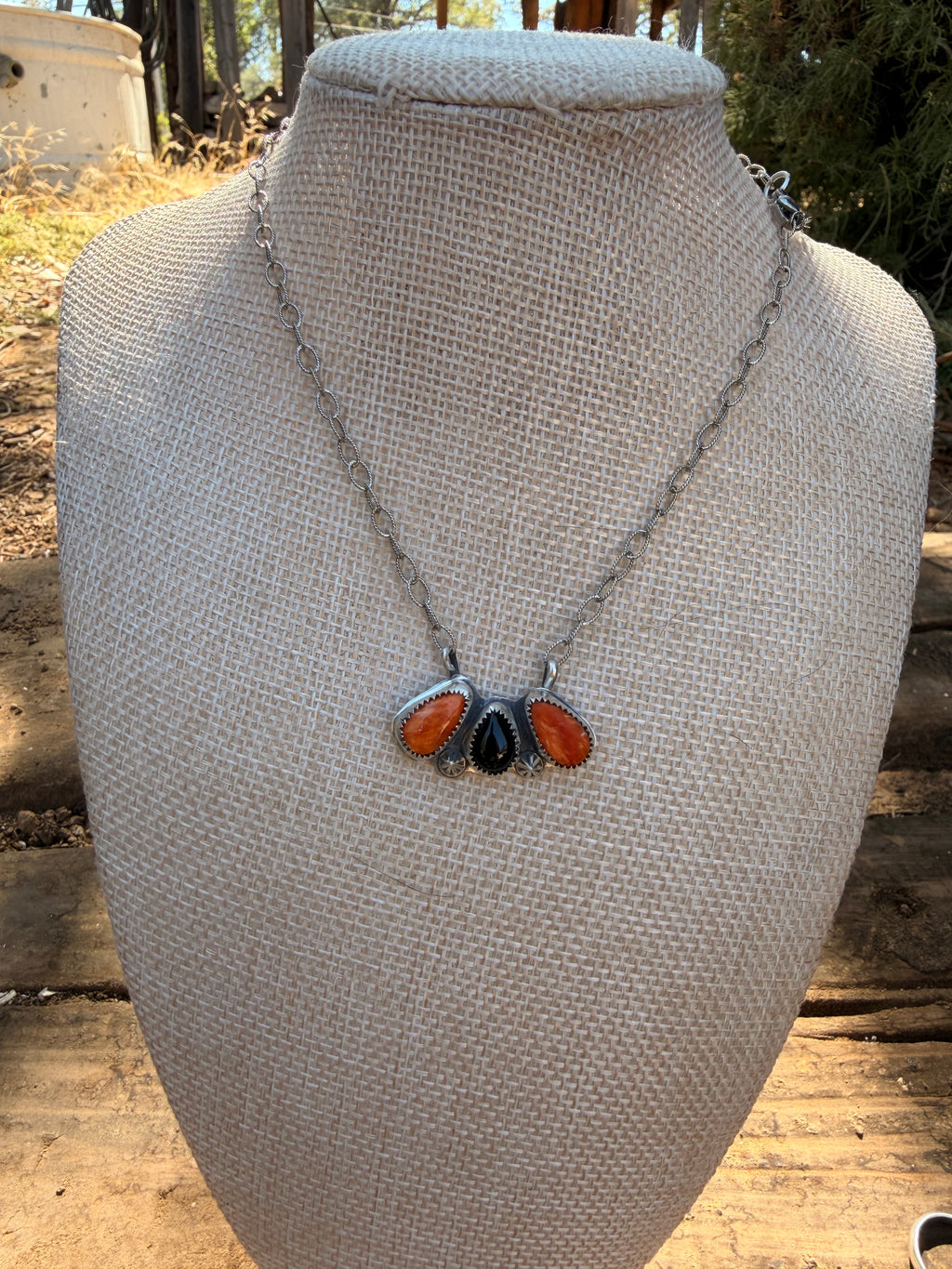 orange spiny and black onyx pendant necklace