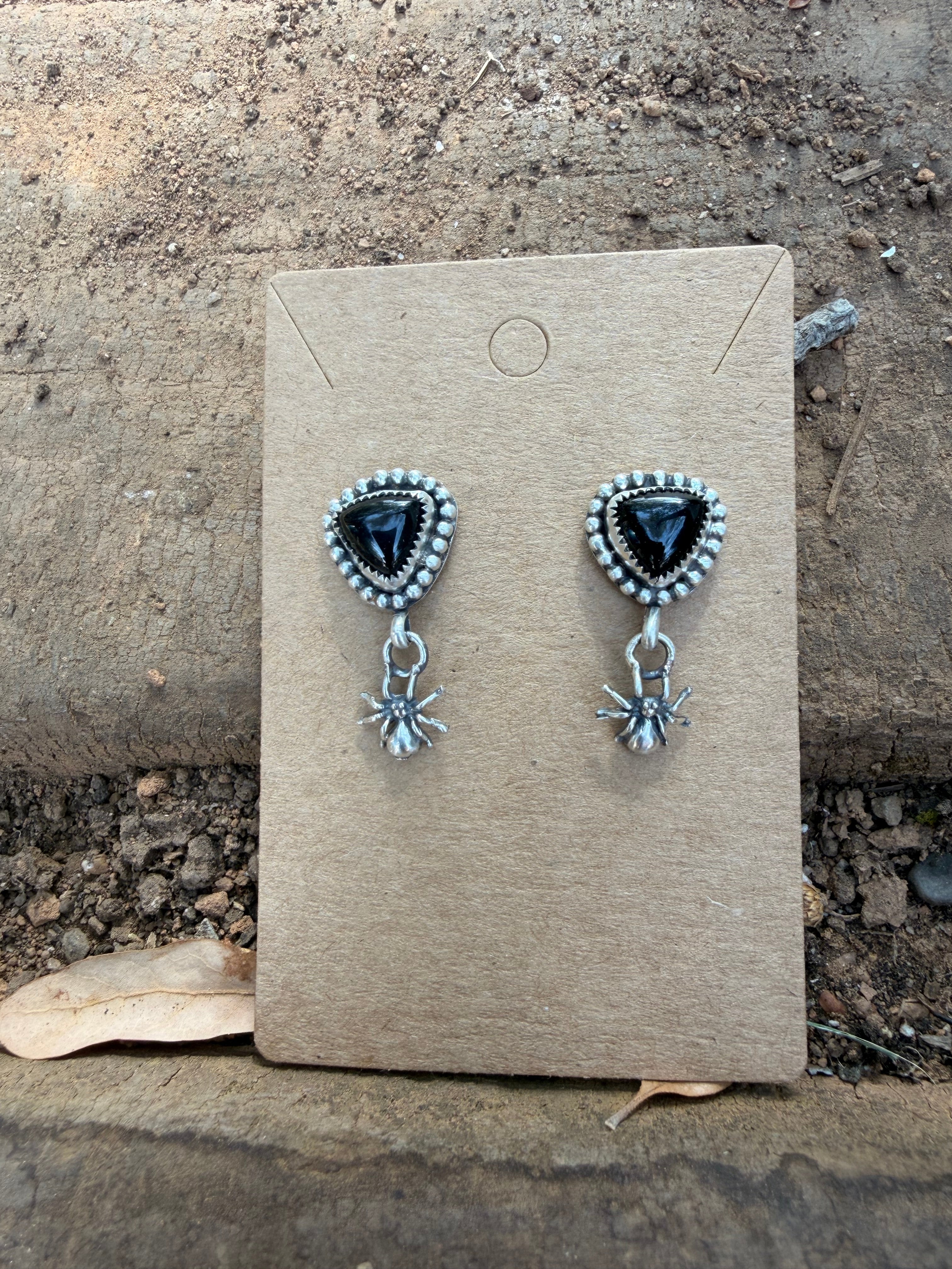 black onyx spider stud dangle earrings