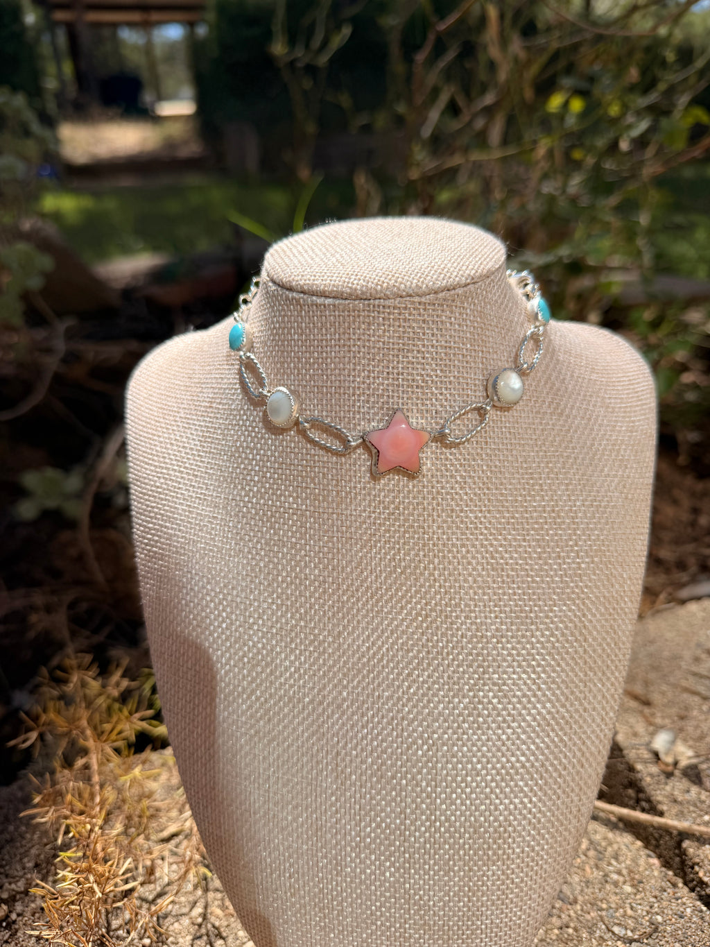 pink conch, mother of pearl and turquoise choker
