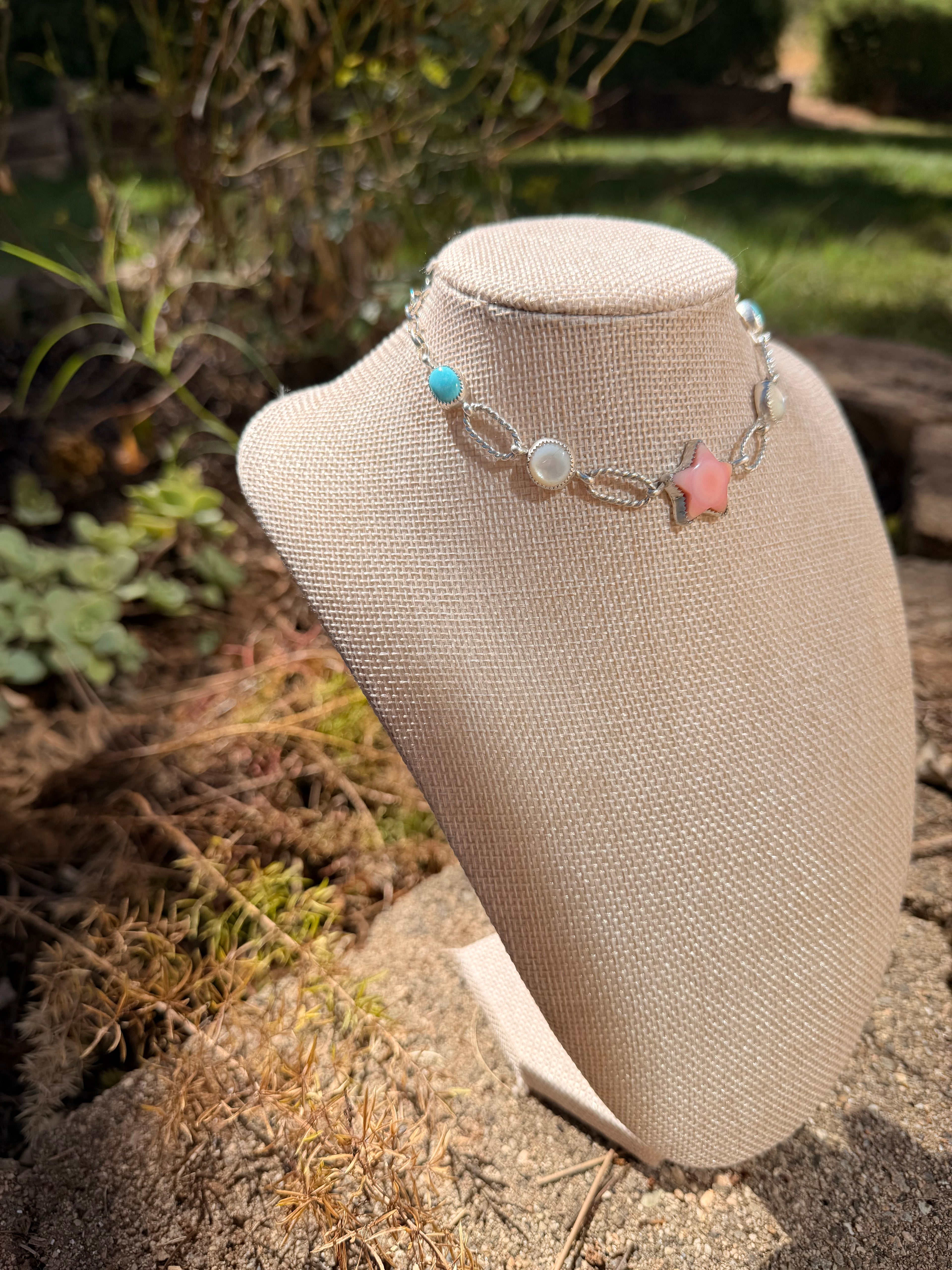 pink conch, mother of pearl and turquoise choker