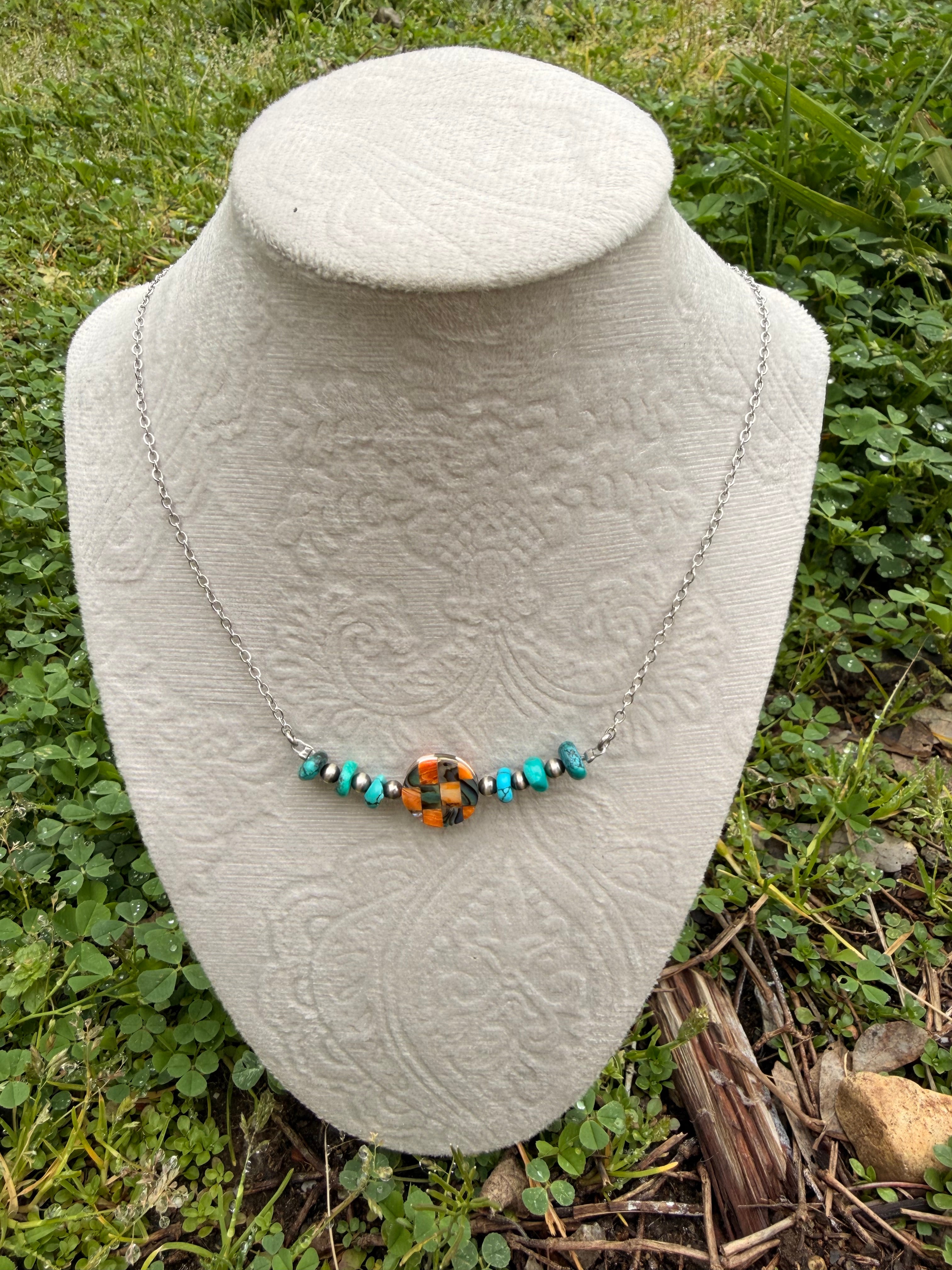 checkered Turquoise and spiny oyster bar necklace