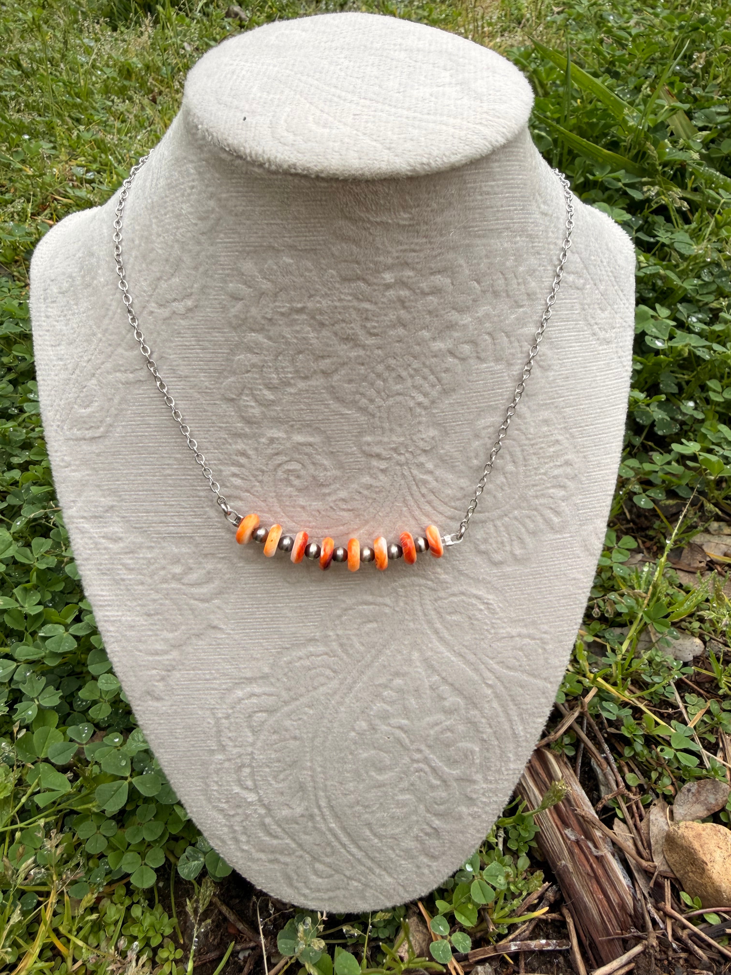 Spiny oyster and sterling silver beaded bar necklace