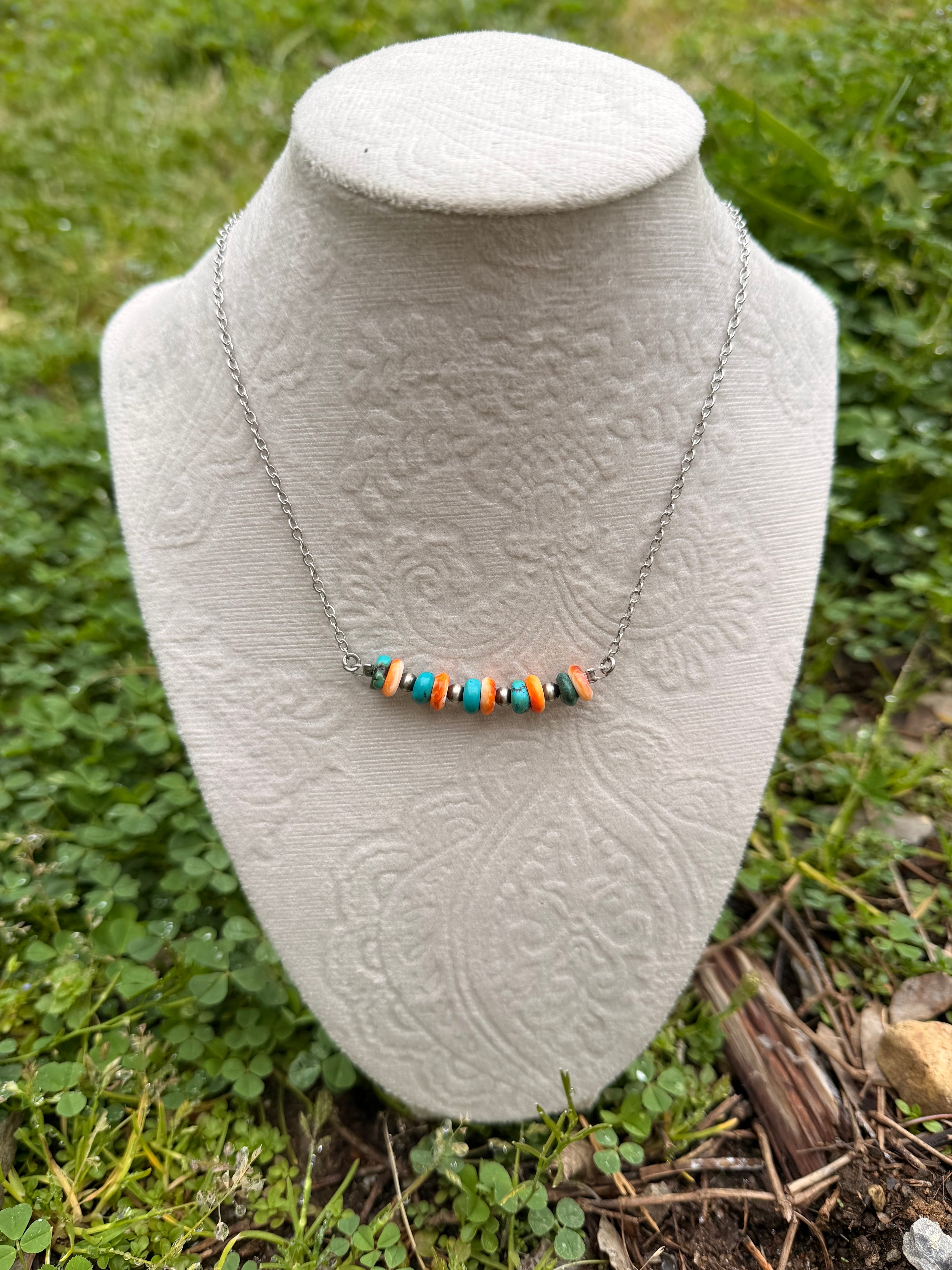 Turquoise, Spiny oyster and Sterling silver beaded bar necklace