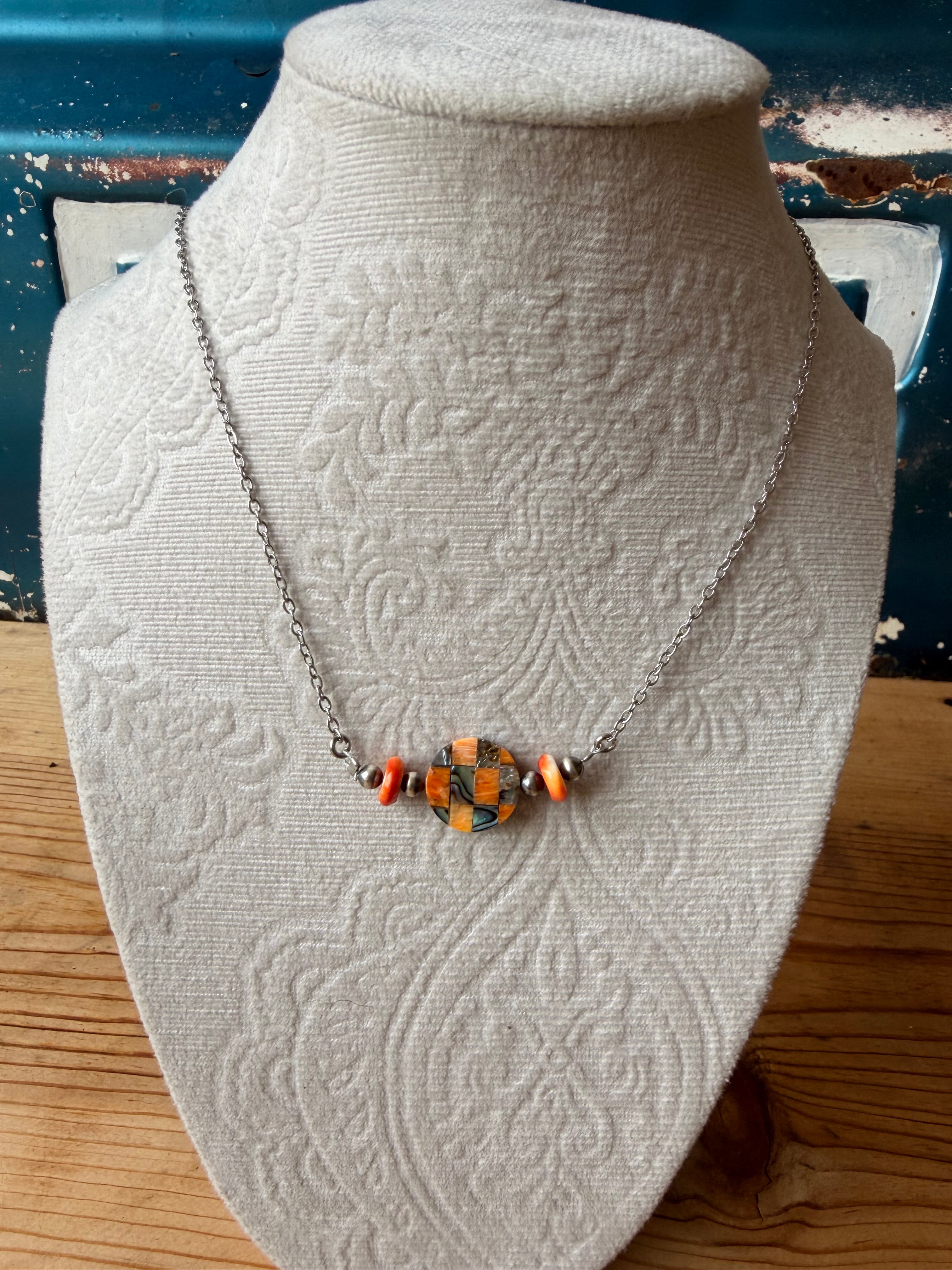 Spiny oyster, silver and checkered beaded bar necklace