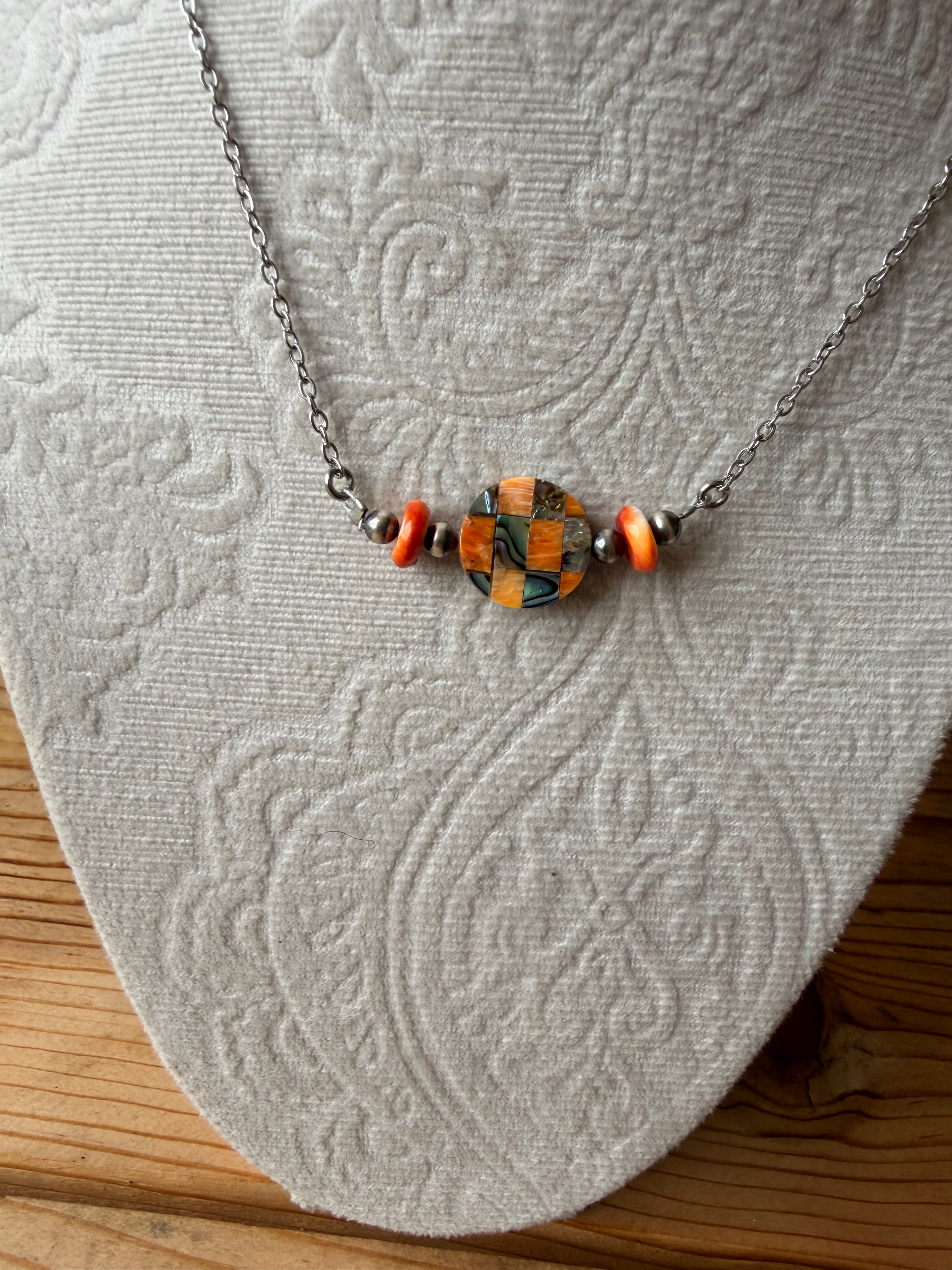 Spiny oyster, silver and checkered beaded bar necklace