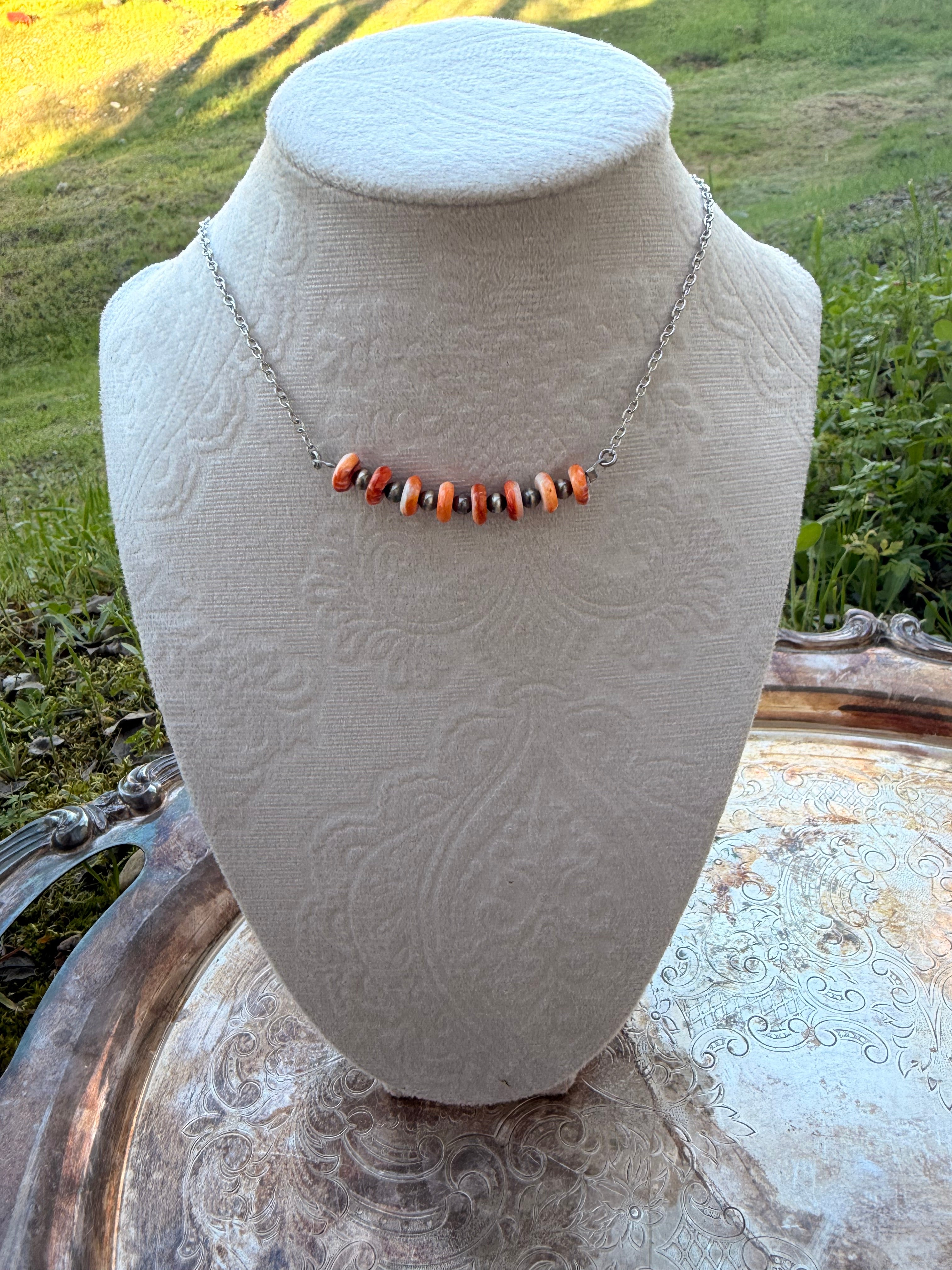 spiny oyster and sterling silver beaded bar necklace