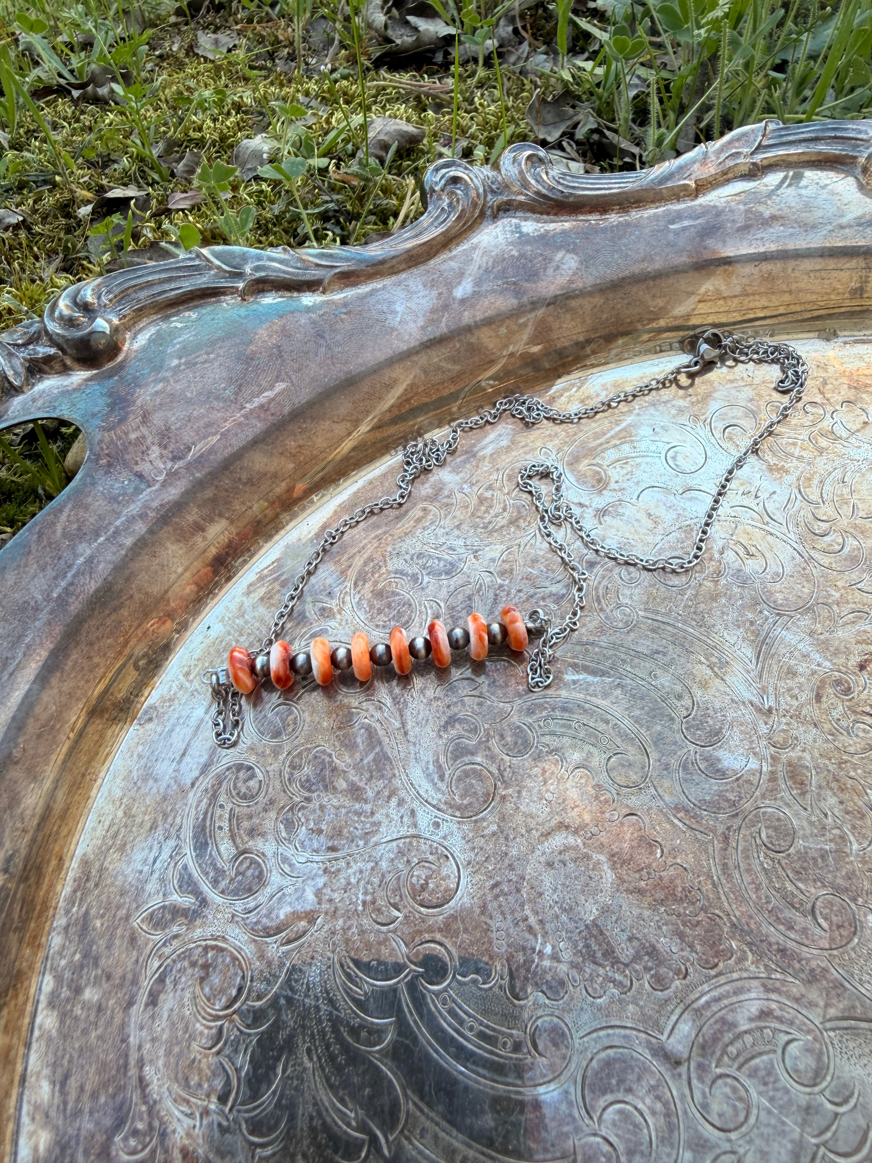 Spiny oyster and sterling silver beaded bar necklace