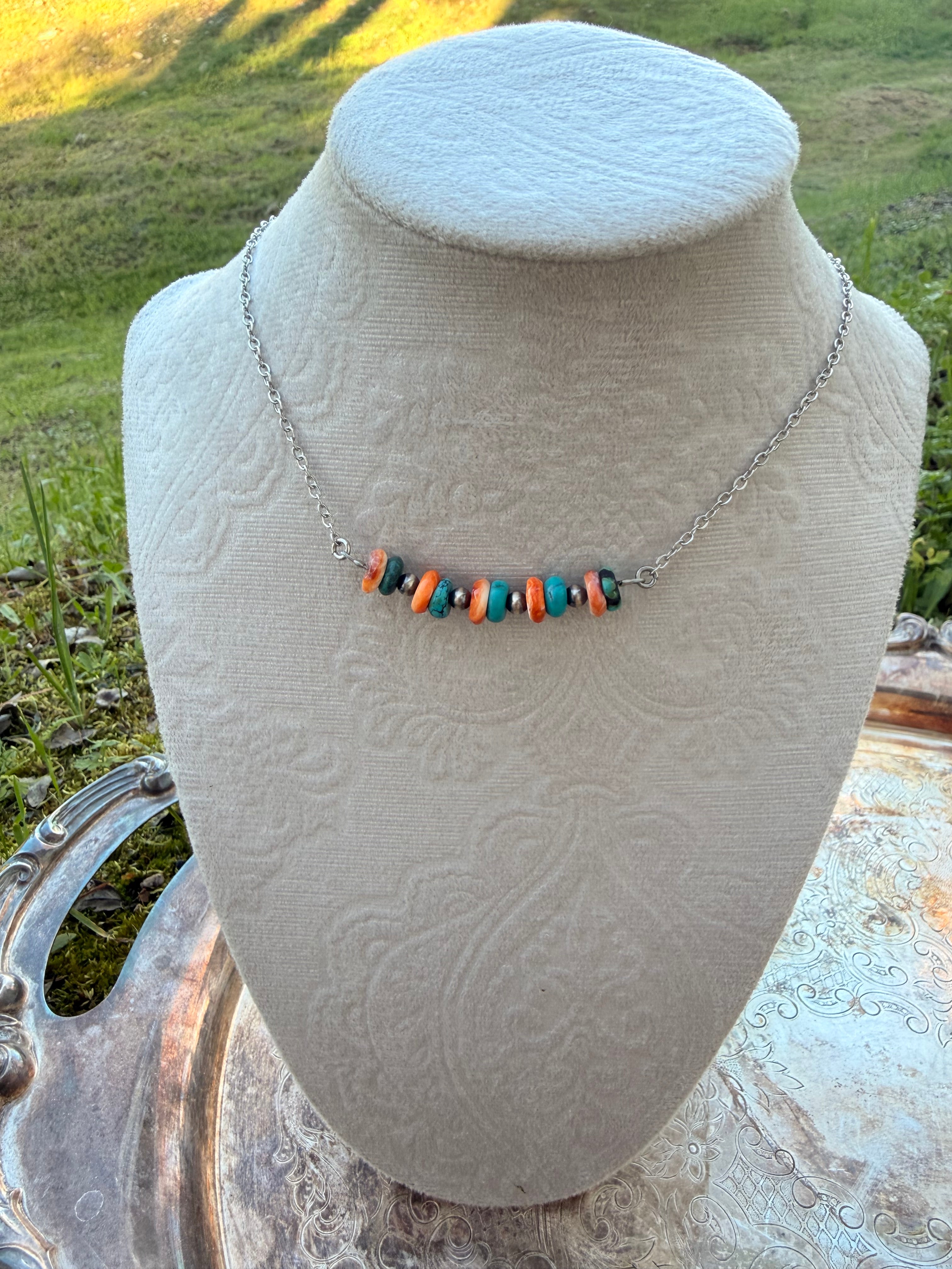 turquoise, spiny oyster and sterling silver beaded bar necklace