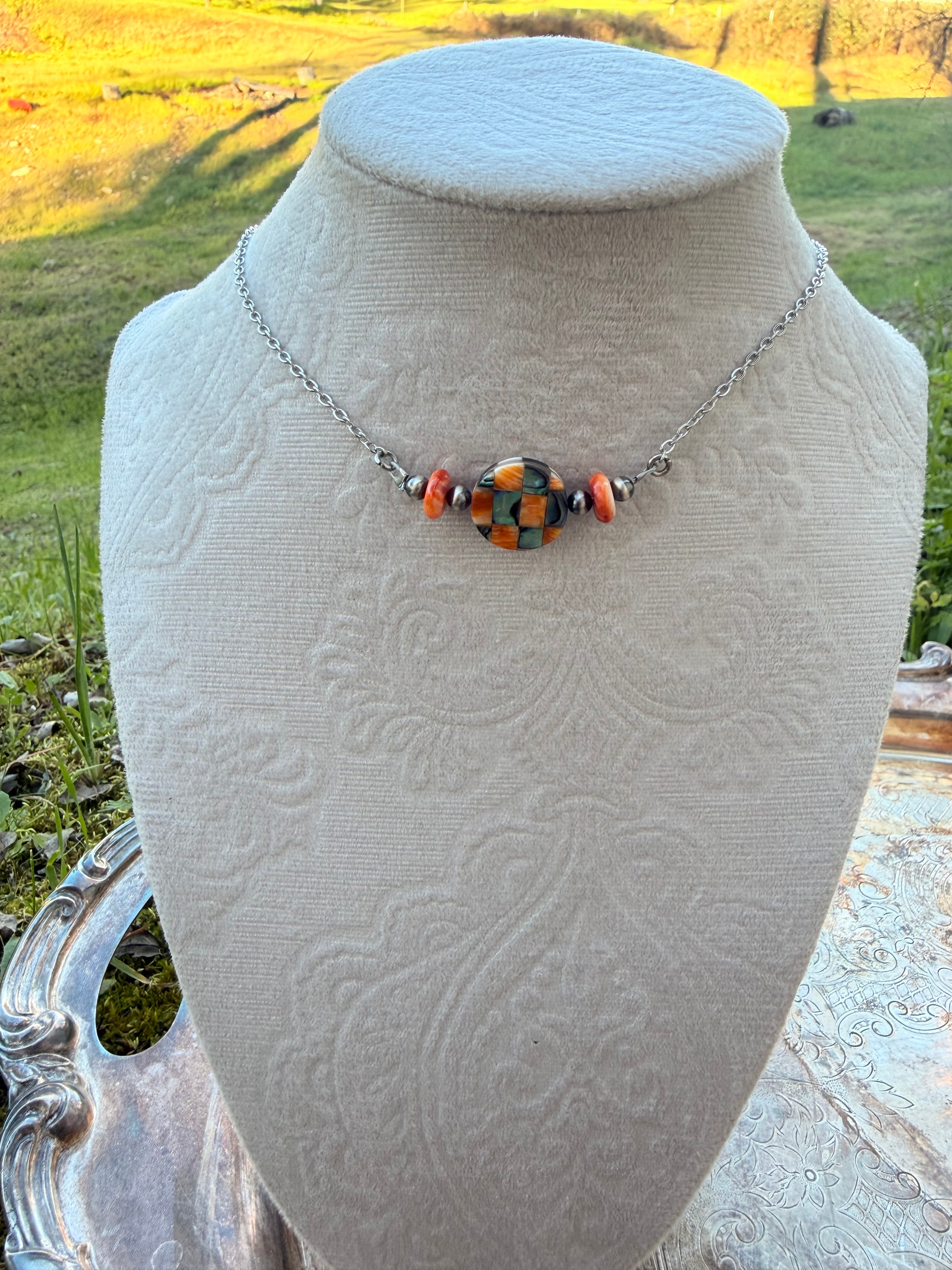 spiny oyster, sterling silver and checkered beaded mini bar necklace