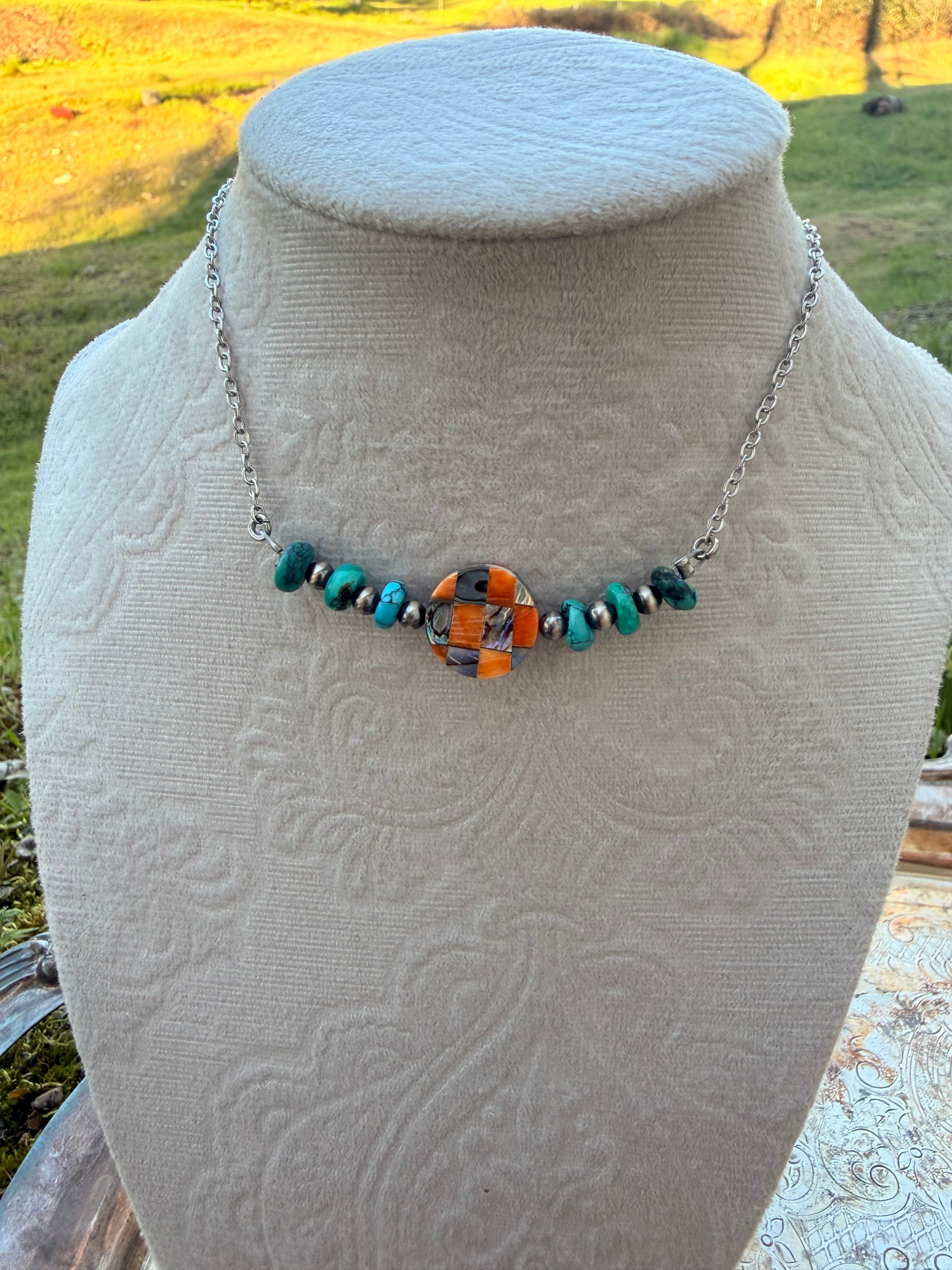 turquoise, sterling silver and spiny checkered beaded bar necklace